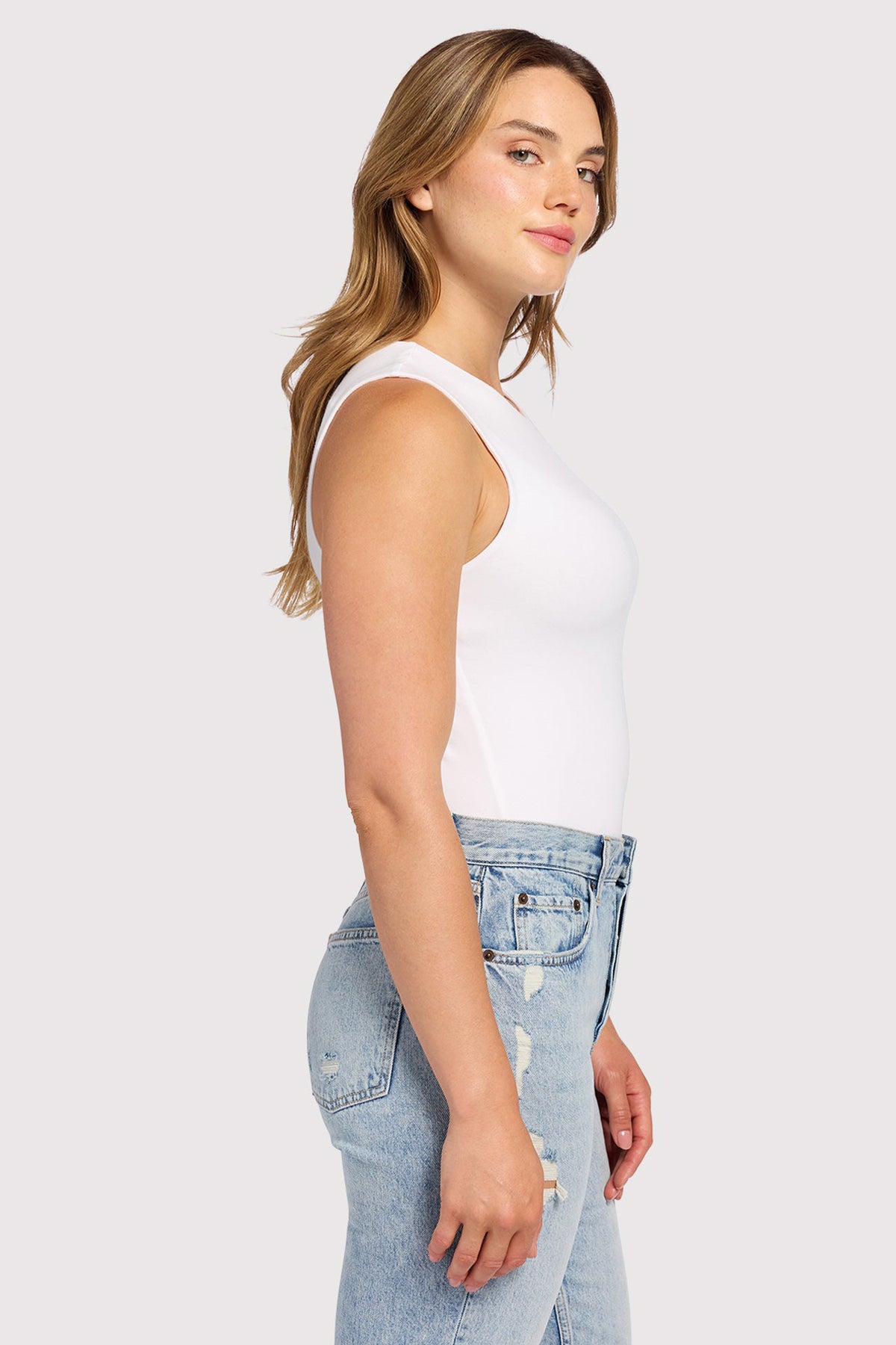 Color:White | Cotton Stretch Classic Crewneck Tank Bodysuit