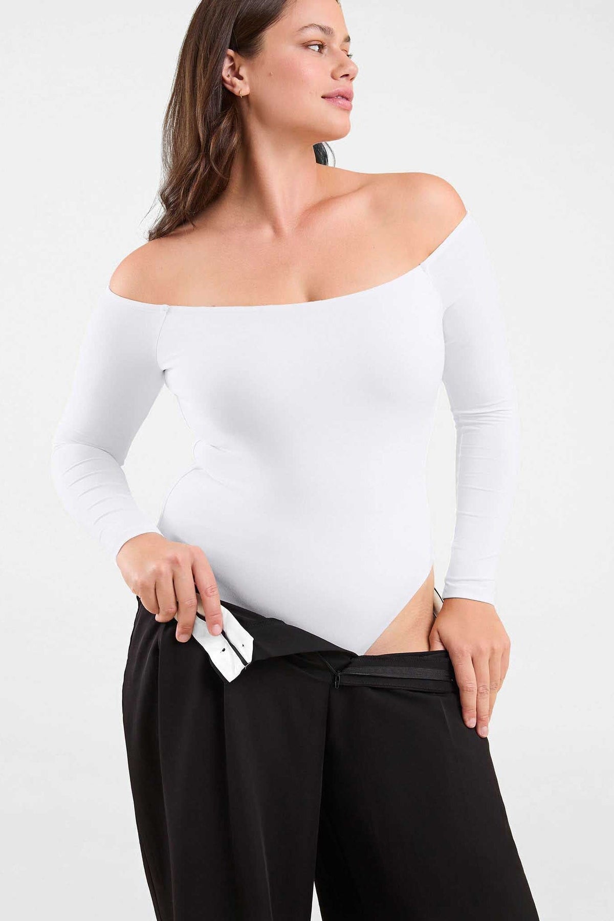 Color:White | nuuds off the shoulder bodysuit – women’s bodysuit fitted long sleeve top sleek everyday wear