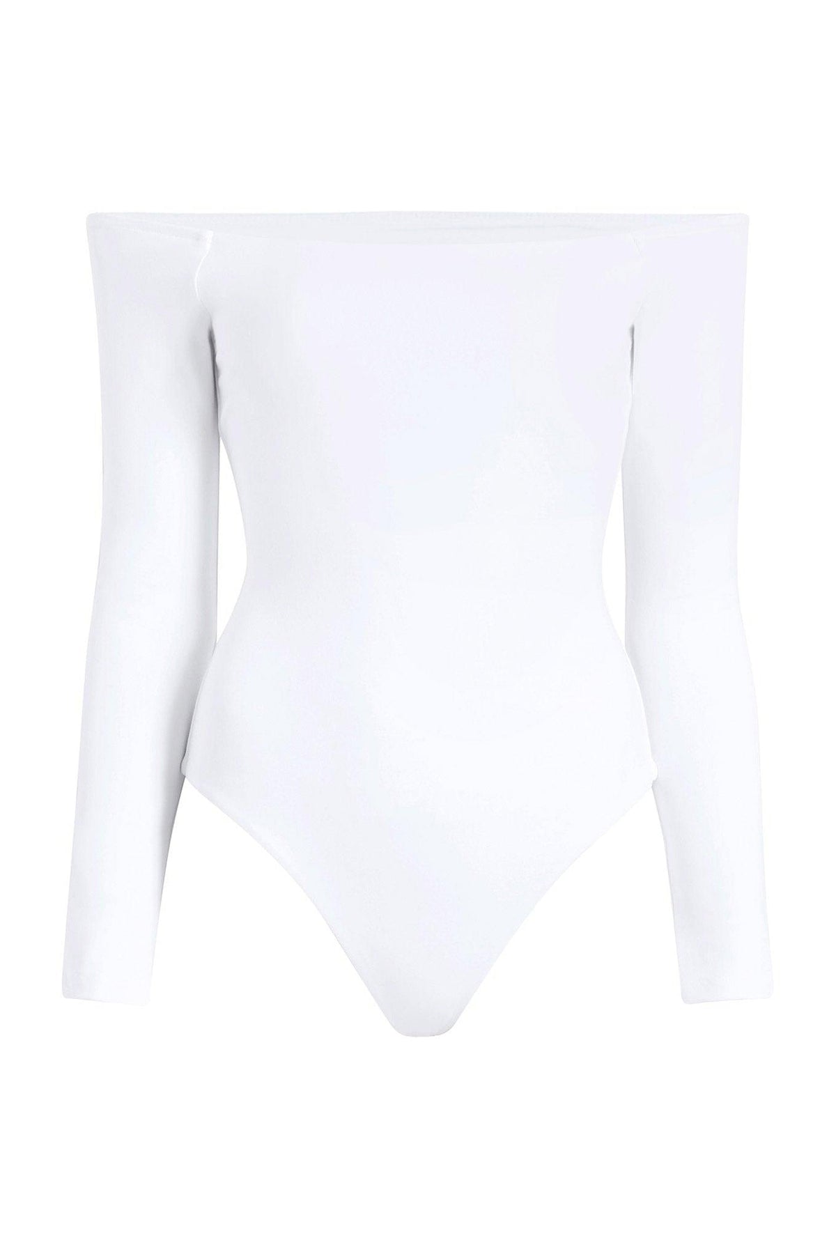 Color:White | nuuds off the shoulder bodysuit – women’s bodysuit fitted long sleeve top sleek everyday wear
