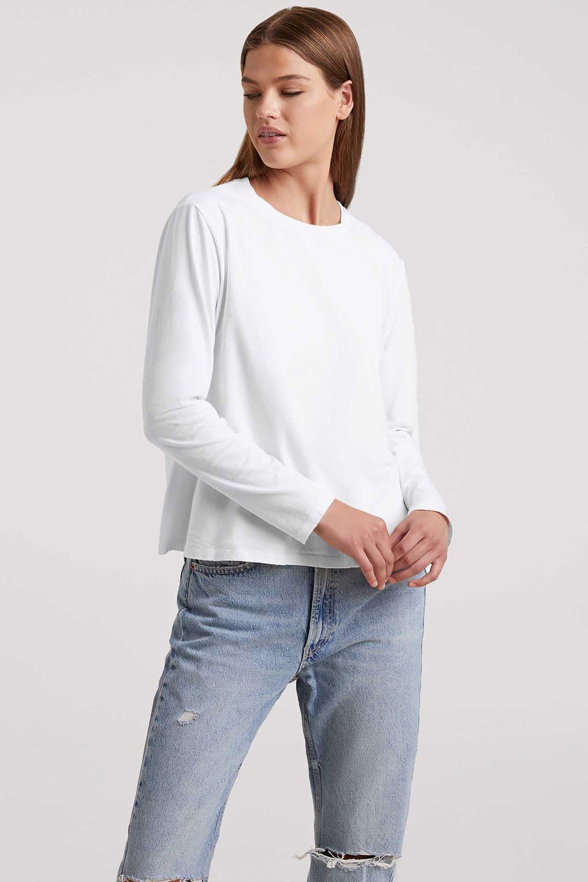 Color:White | nuuds long sleeve everyday t-shirt – womens long sleeve tops long sleeve shirts womens cotton t-shirts
