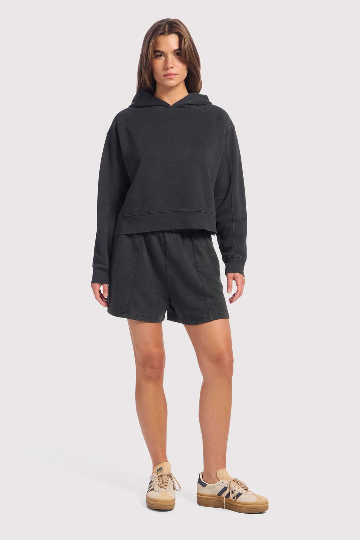 Color:Washed Black | nuuds cropped hoodie, fleece hoodie women, cropped sweatshirt, everyday casual fleece