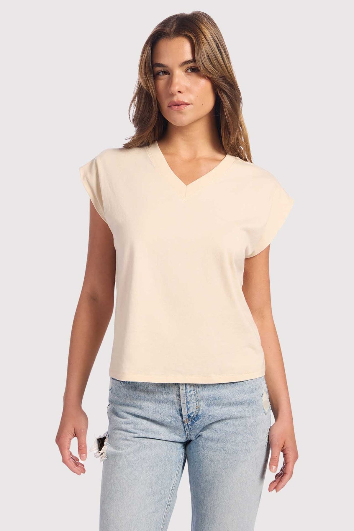 Color:Bone | Soft Cotton V-Neck Muscle Tee