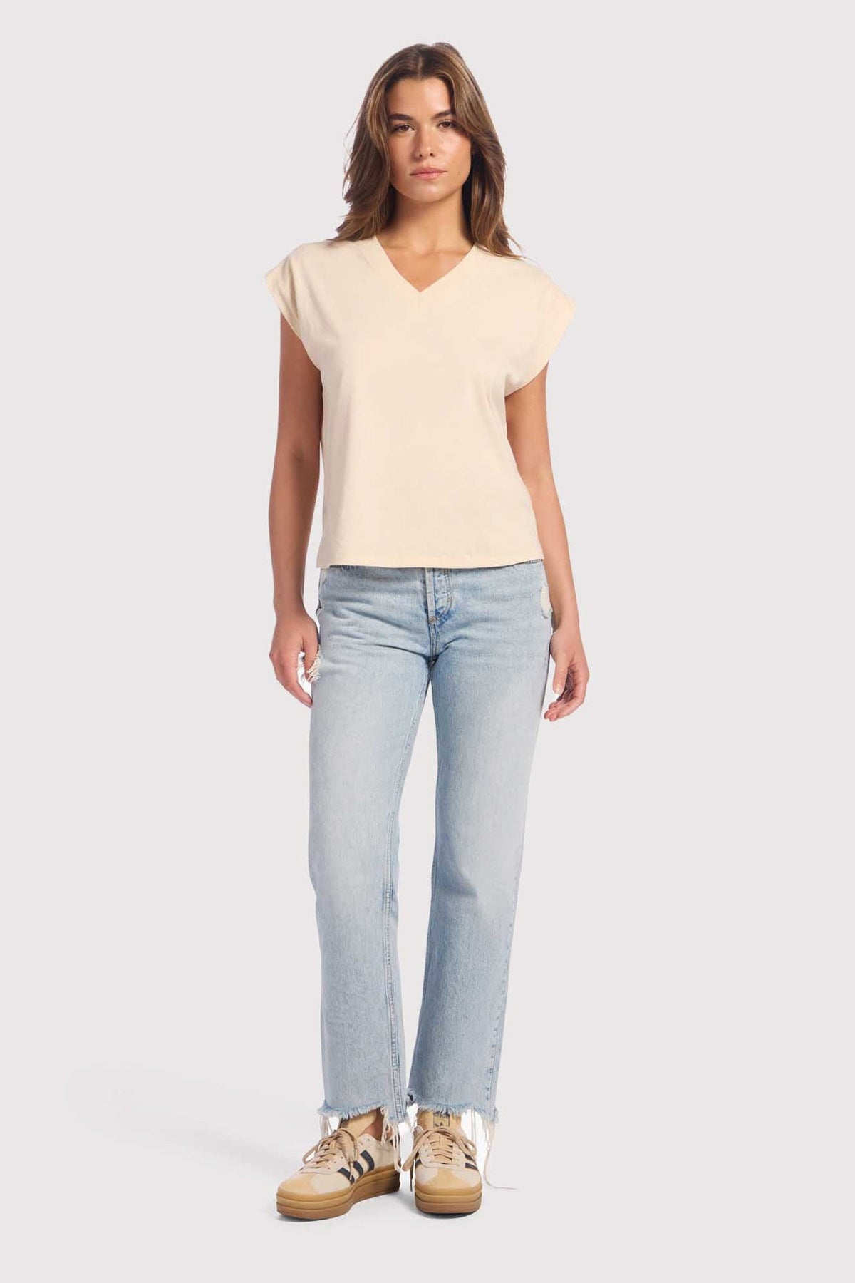 Color:Bone | Soft Cotton V-Neck Muscle Tee