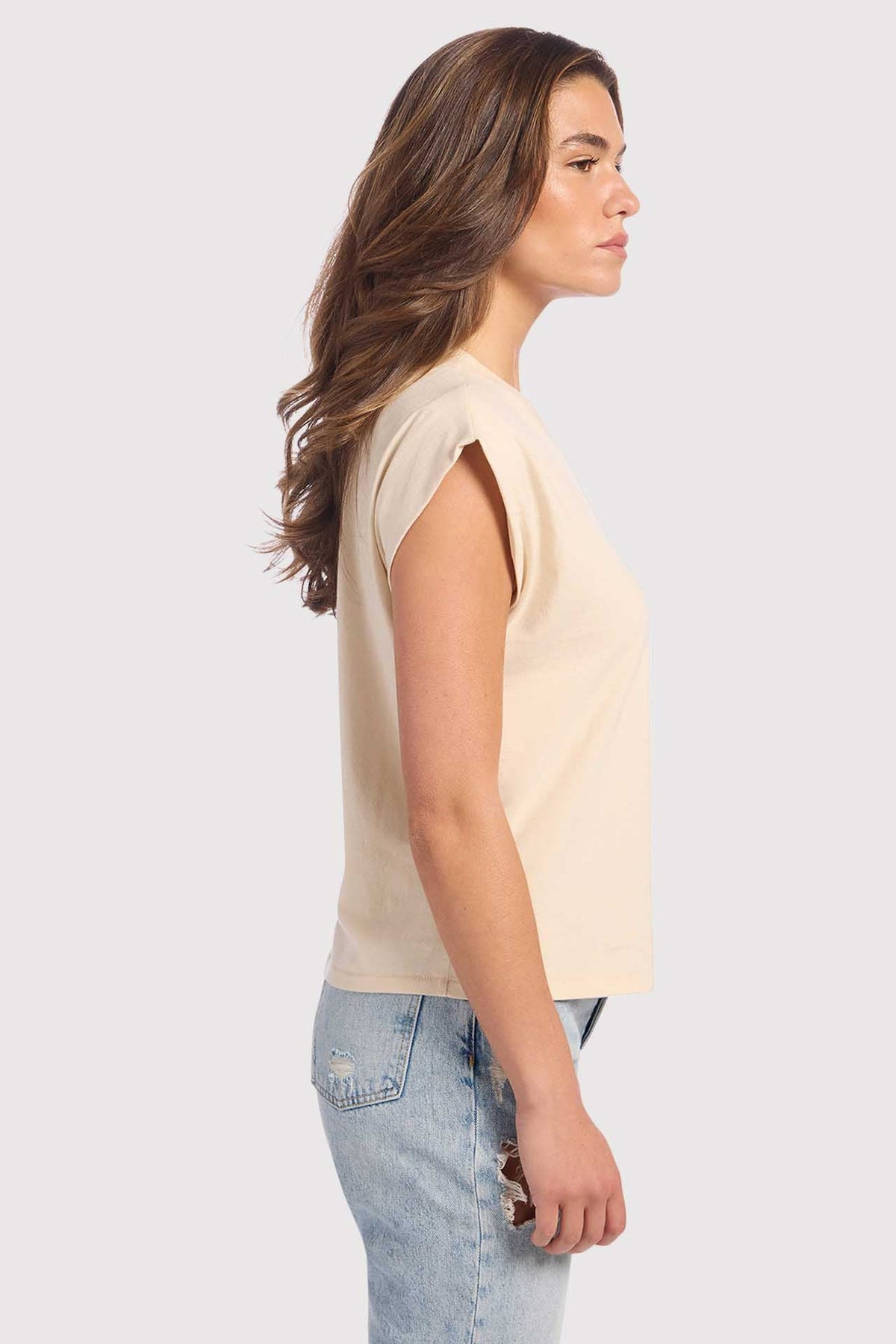 Color:Bone | Soft Cotton V-Neck Muscle Tee