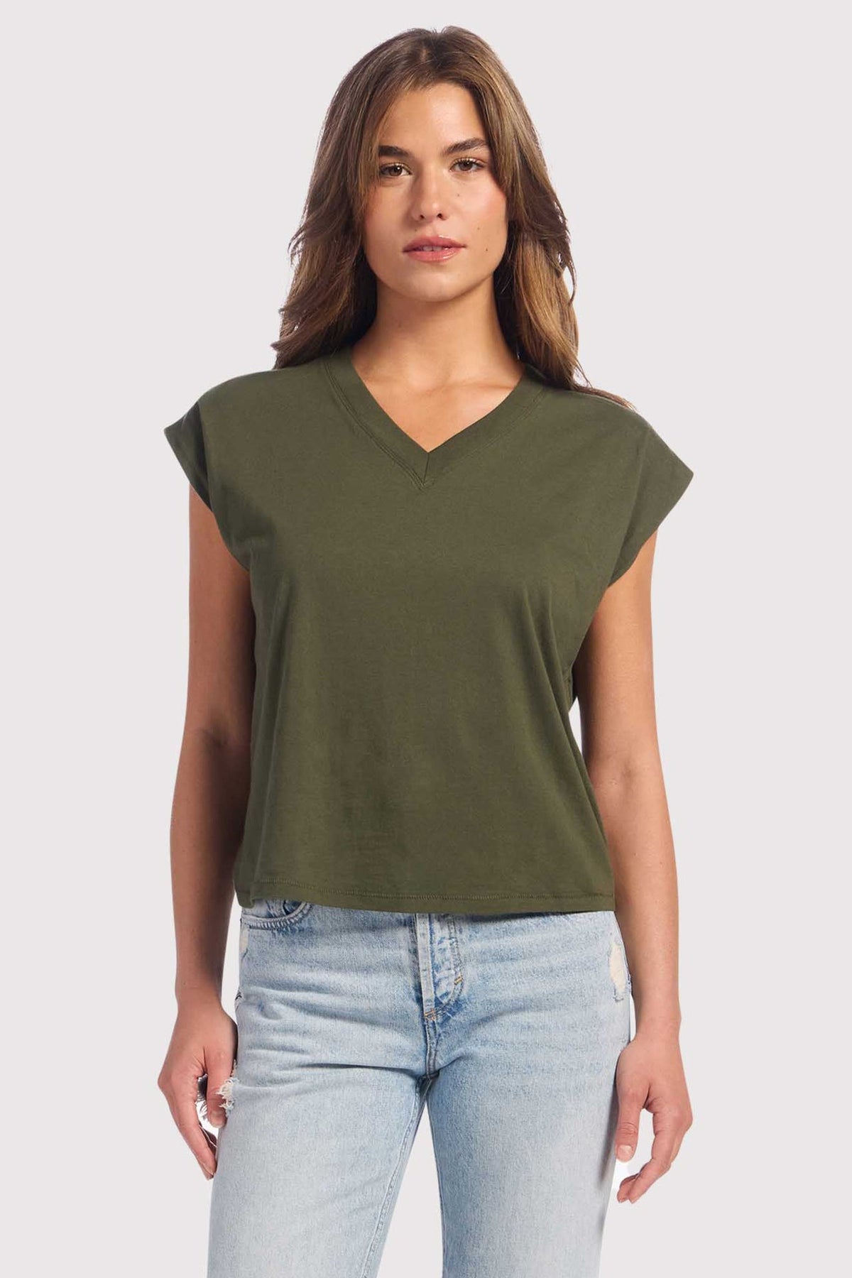 Color:Darkest Olive | Soft Cotton V-Neck Muscle Tee