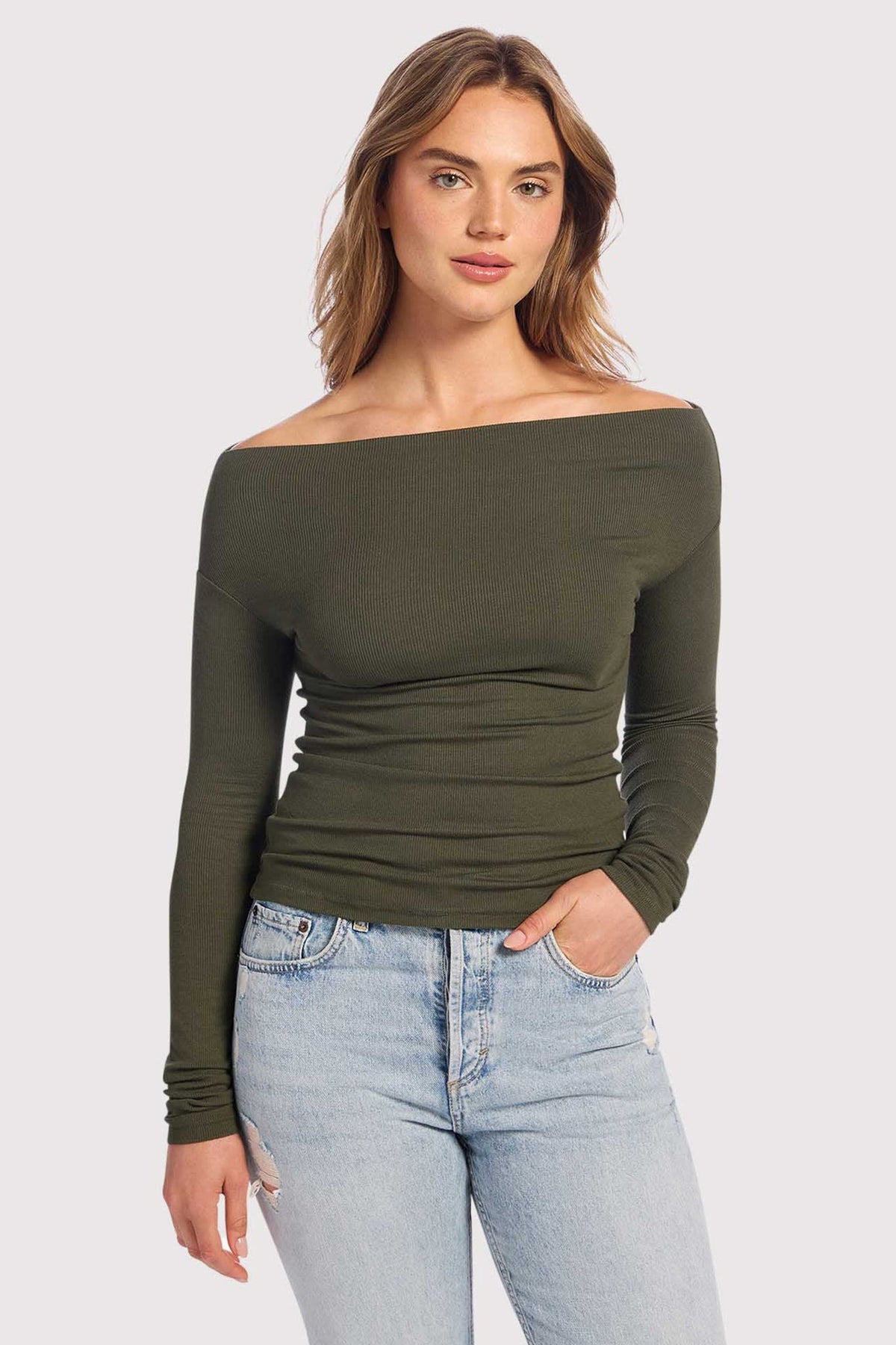 Color:Darkest Olive | Slinky Rib Off-The-Shoulder Shirt