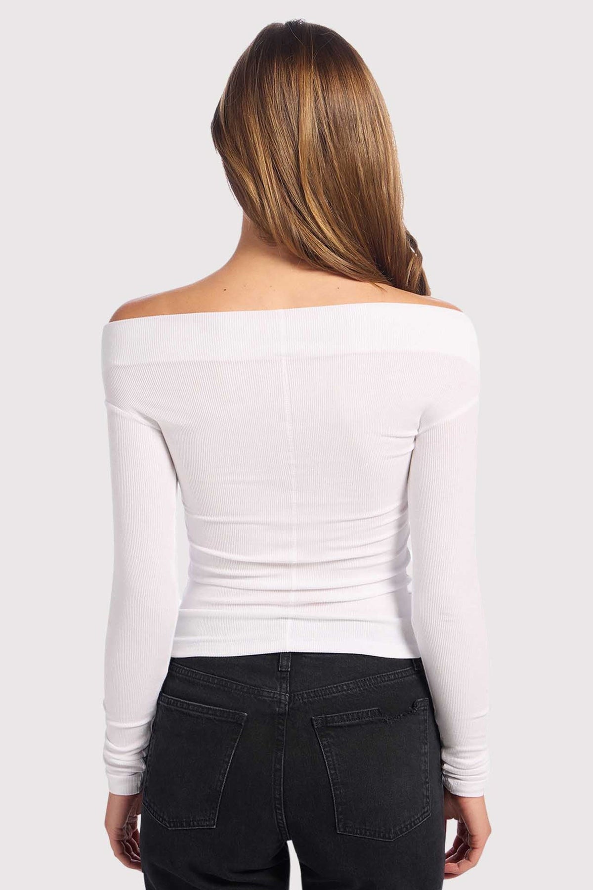 Color:White | Slinky Rib Off-The-Shoulder Shirt