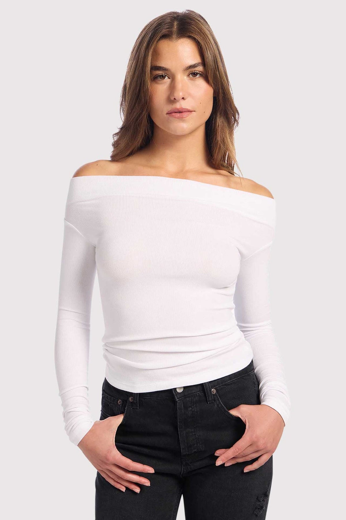 Color:White | Slinky Rib Off-The-Shoulder Shirt