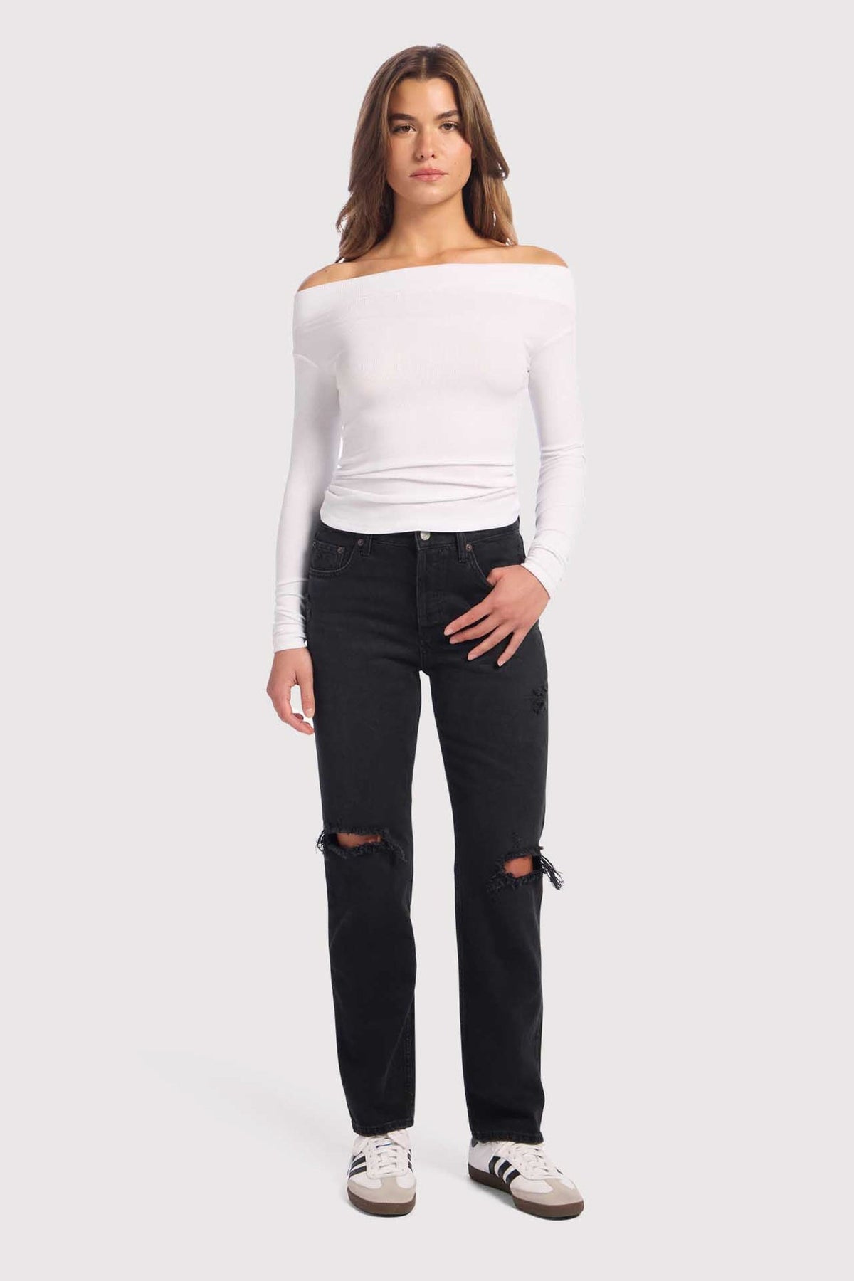 Color:White | Slinky Rib Off-The-Shoulder Shirt