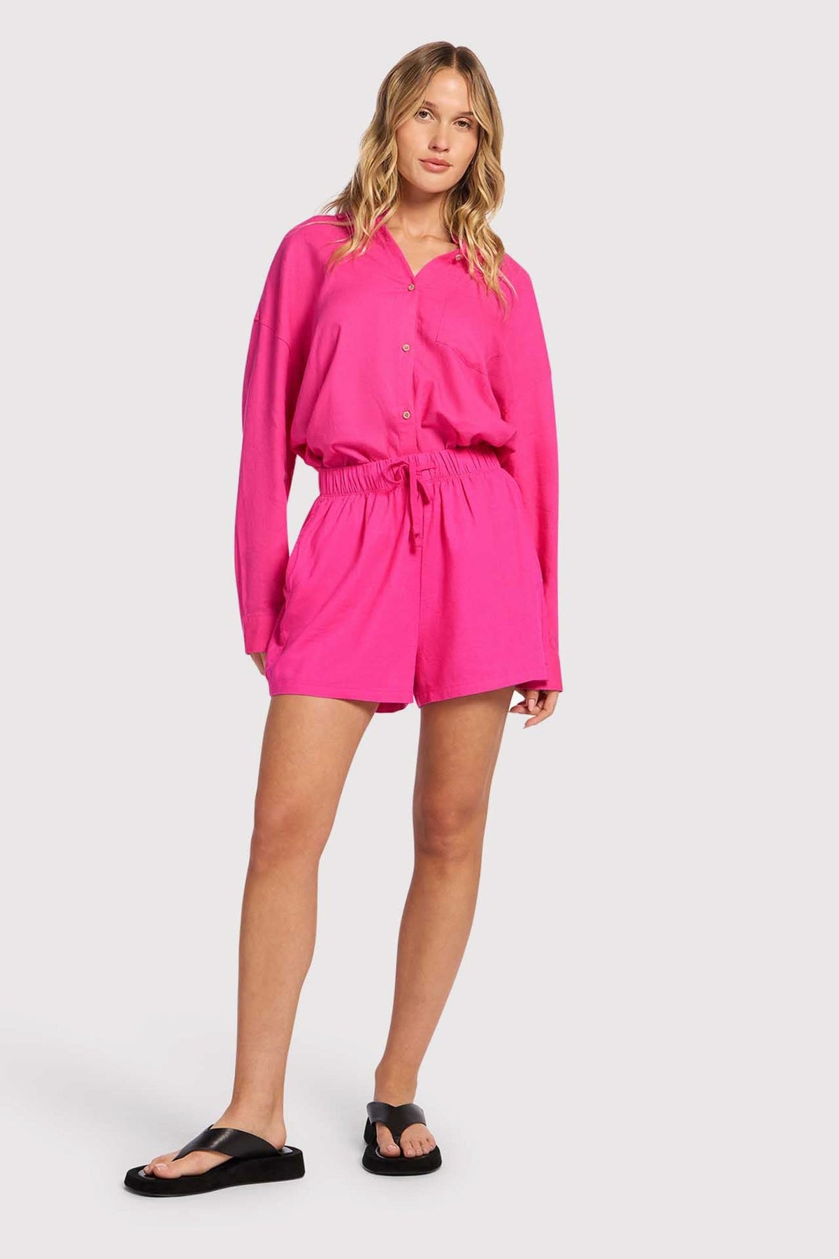 Color:Fuchsia | nuuds linen beach shorts high waist lightweight summer bottoms for women