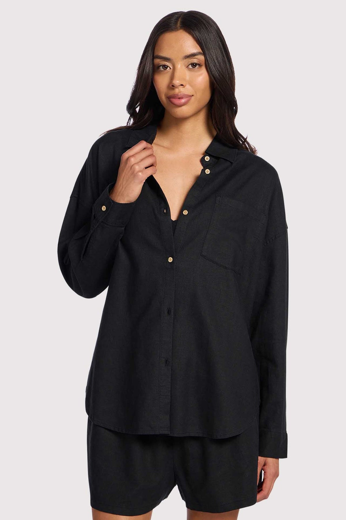 Color:Black | nuuds linen boyfriend shirt women oversized button down top breathable womens shirt