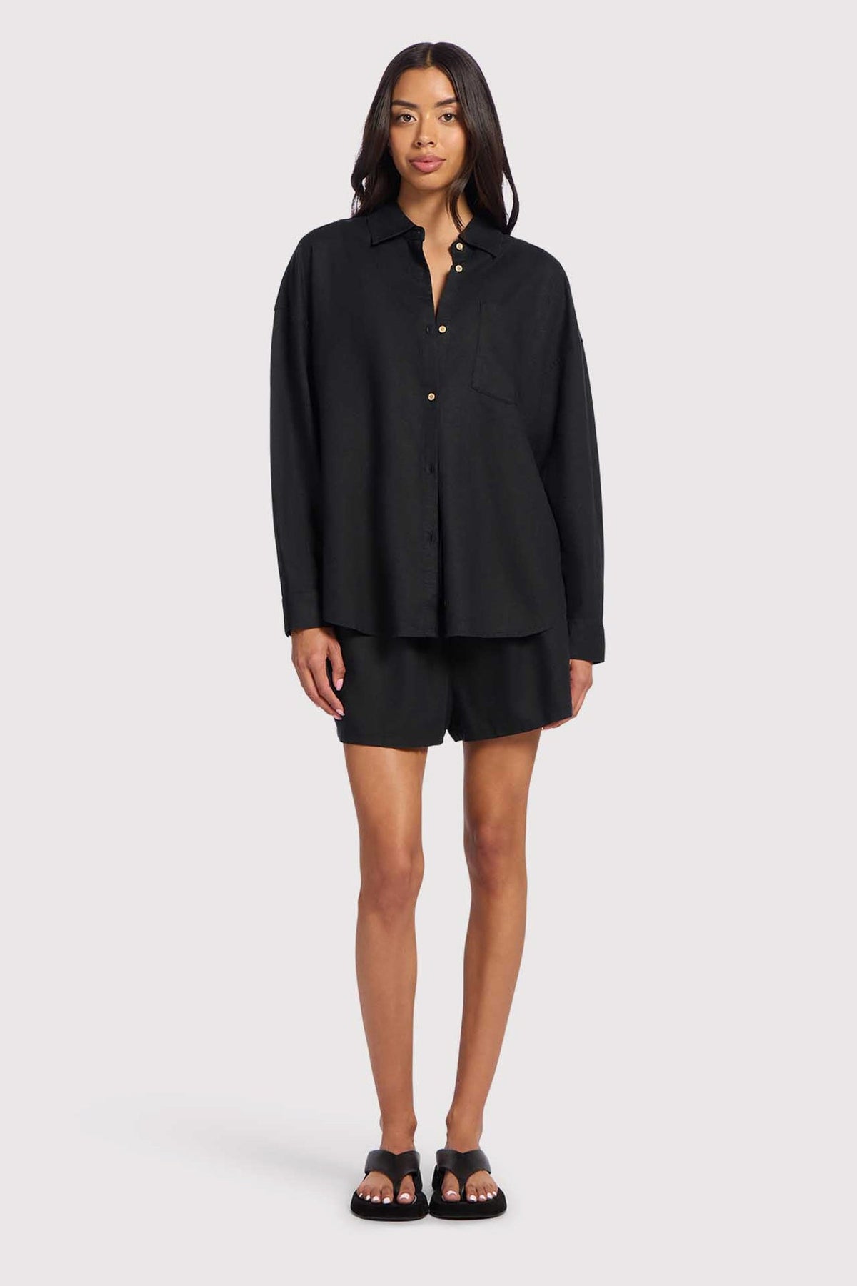Color:Black | nuuds linen boyfriend shirt women oversized button down top breathable womens shirt