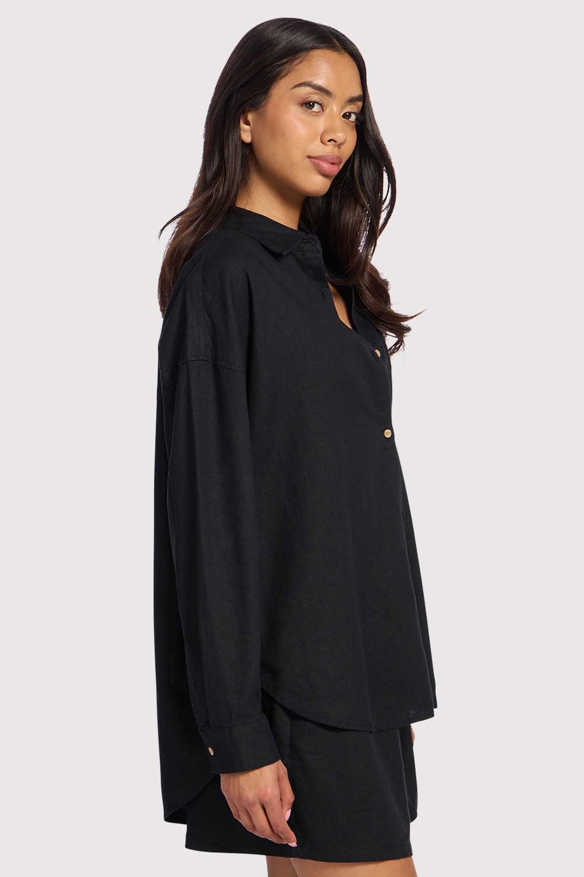 Color:Black | nuuds linen boyfriend shirt women oversized button down top breathable womens shirt