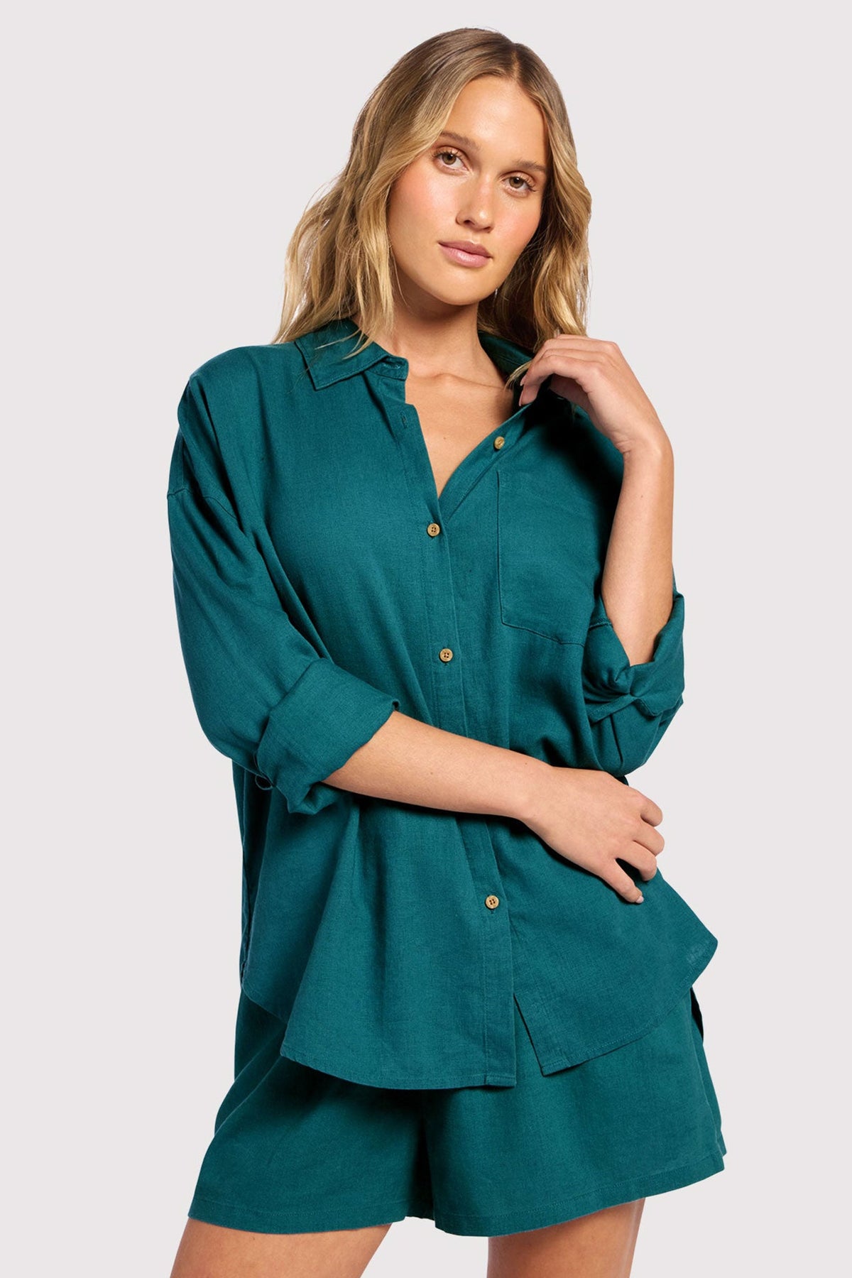 Color:Faded Lagoon | nuuds linen boyfriend shirt women oversized button down top breathable womens shirt