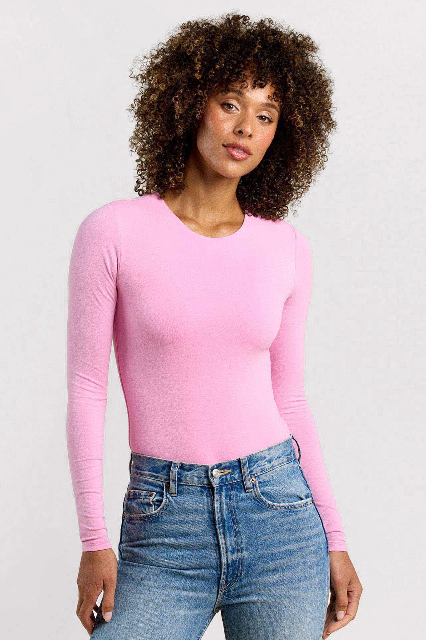 Cotton Stretch Long Sleeve Crewneck Bodysuit | Bubblegum