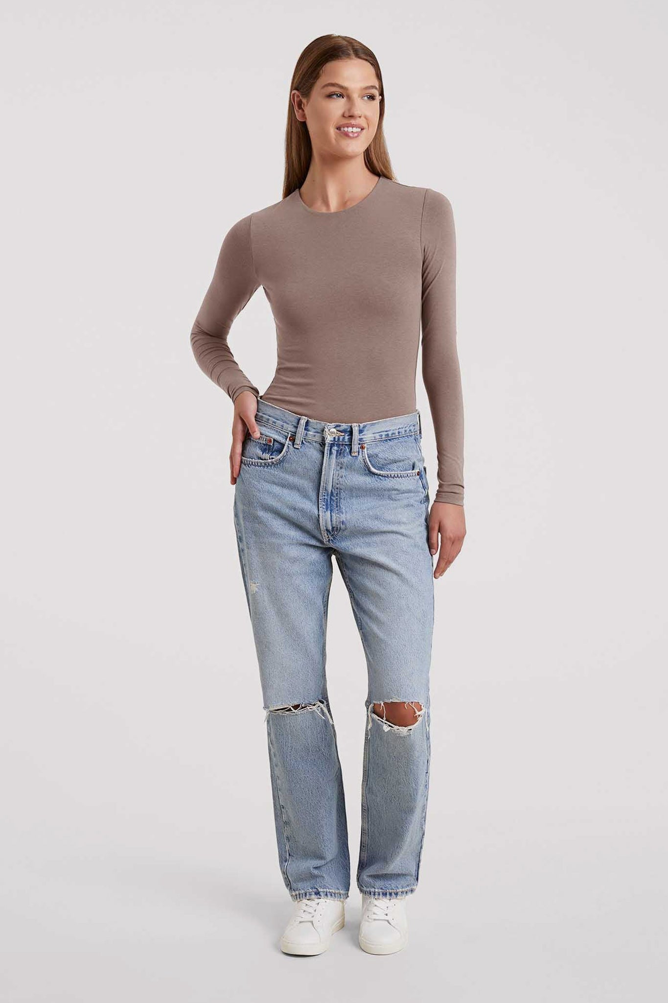 Cotton Stretch Long Sleeve Crewneck Bodysuit