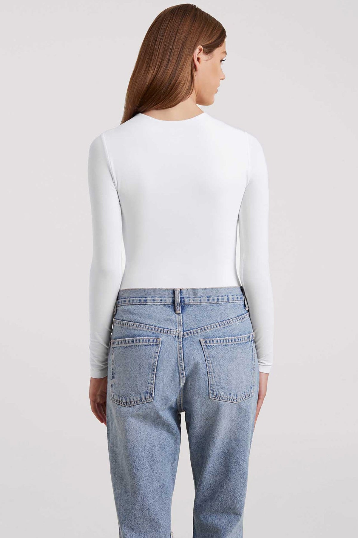 Color:White | Cotton Stretch Long Sleeve Crewneck Bodysuit