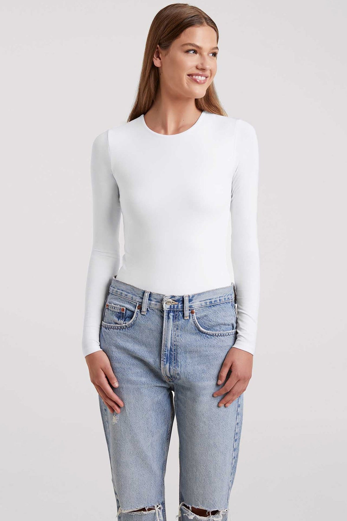 Color:White | Cotton Stretch Long Sleeve Crewneck Bodysuit