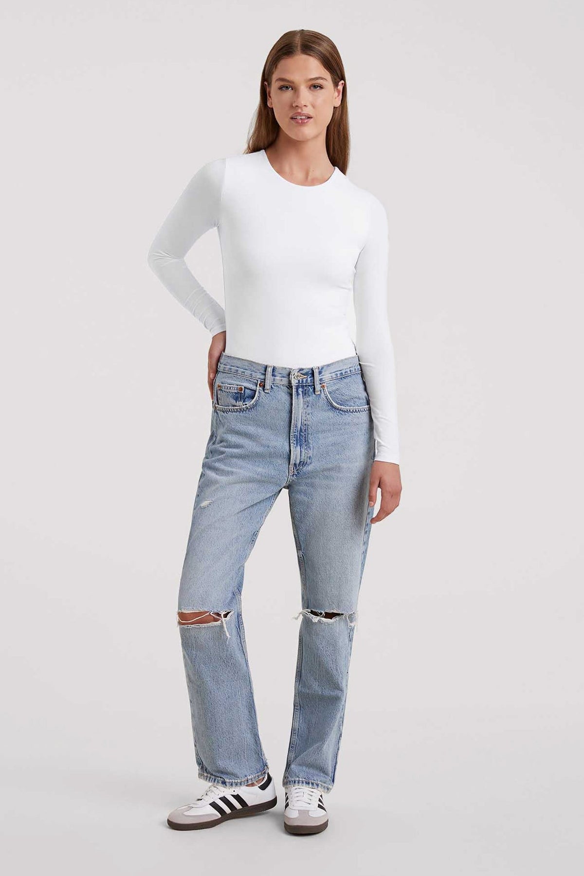 Color:White | Cotton Stretch Long Sleeve Crewneck Bodysuit