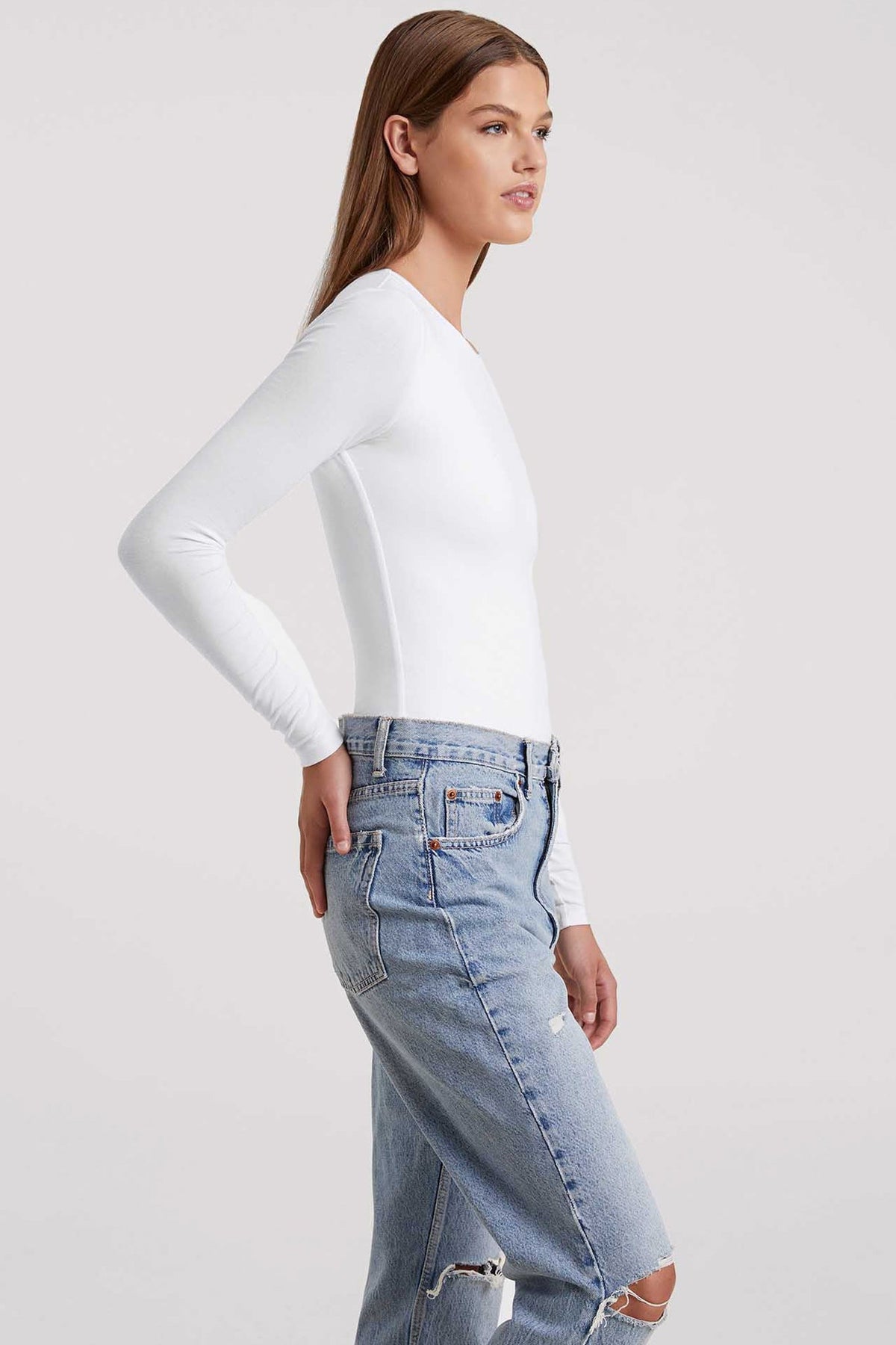 Color:White | Cotton Stretch Long Sleeve Crewneck Bodysuit