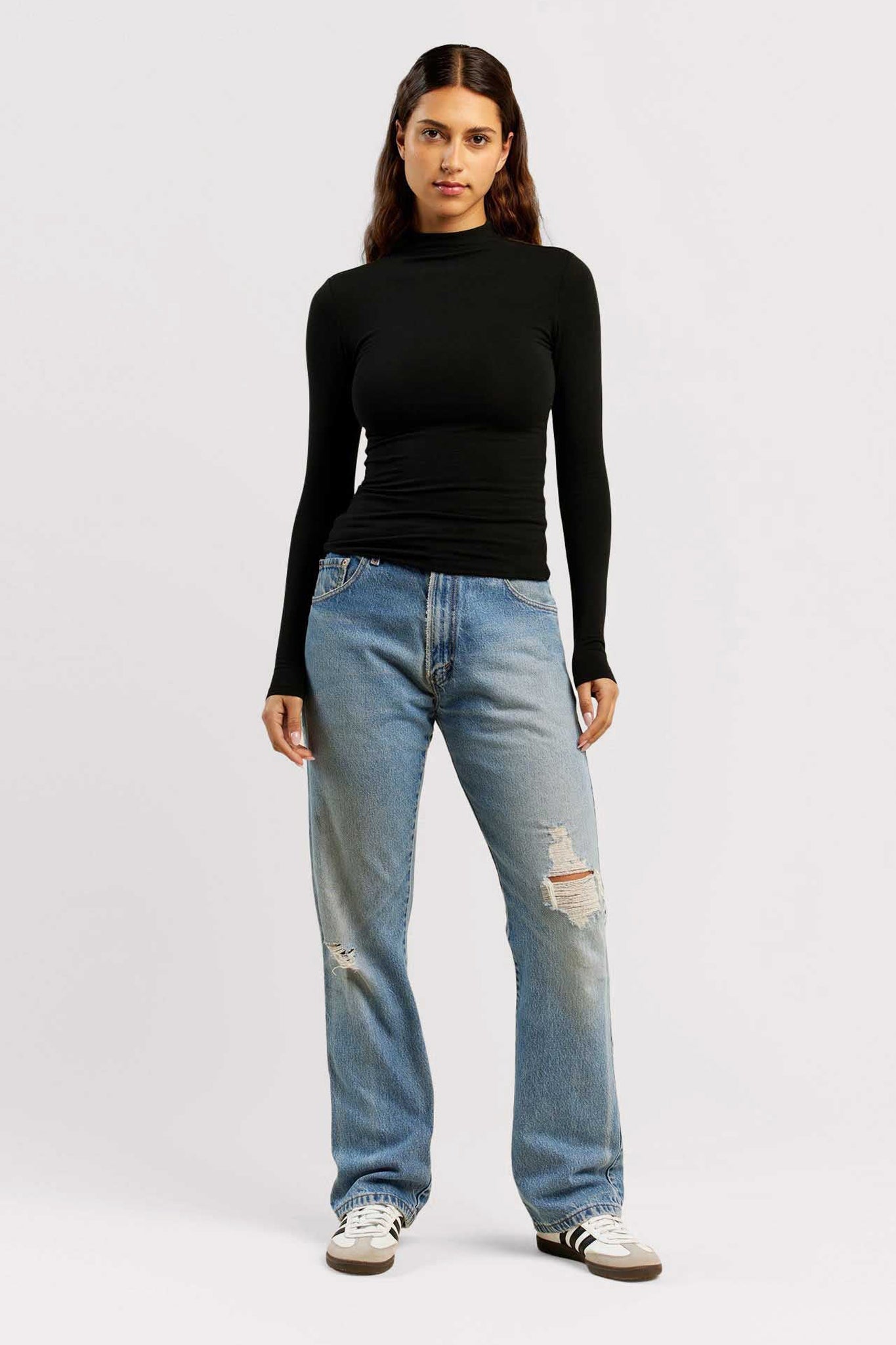 Cotton Stretch Long Sleeve Mock Neck Shirt