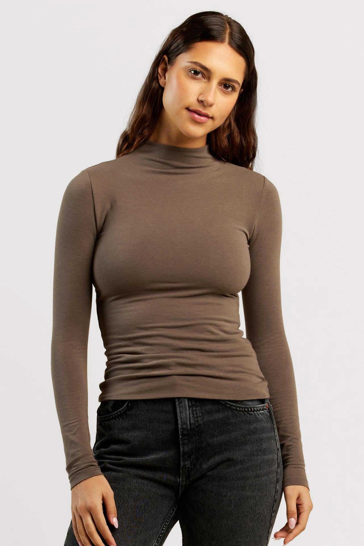 LONG SLEEVE MOCK NECK COTTON T-SHIRT - CHALK