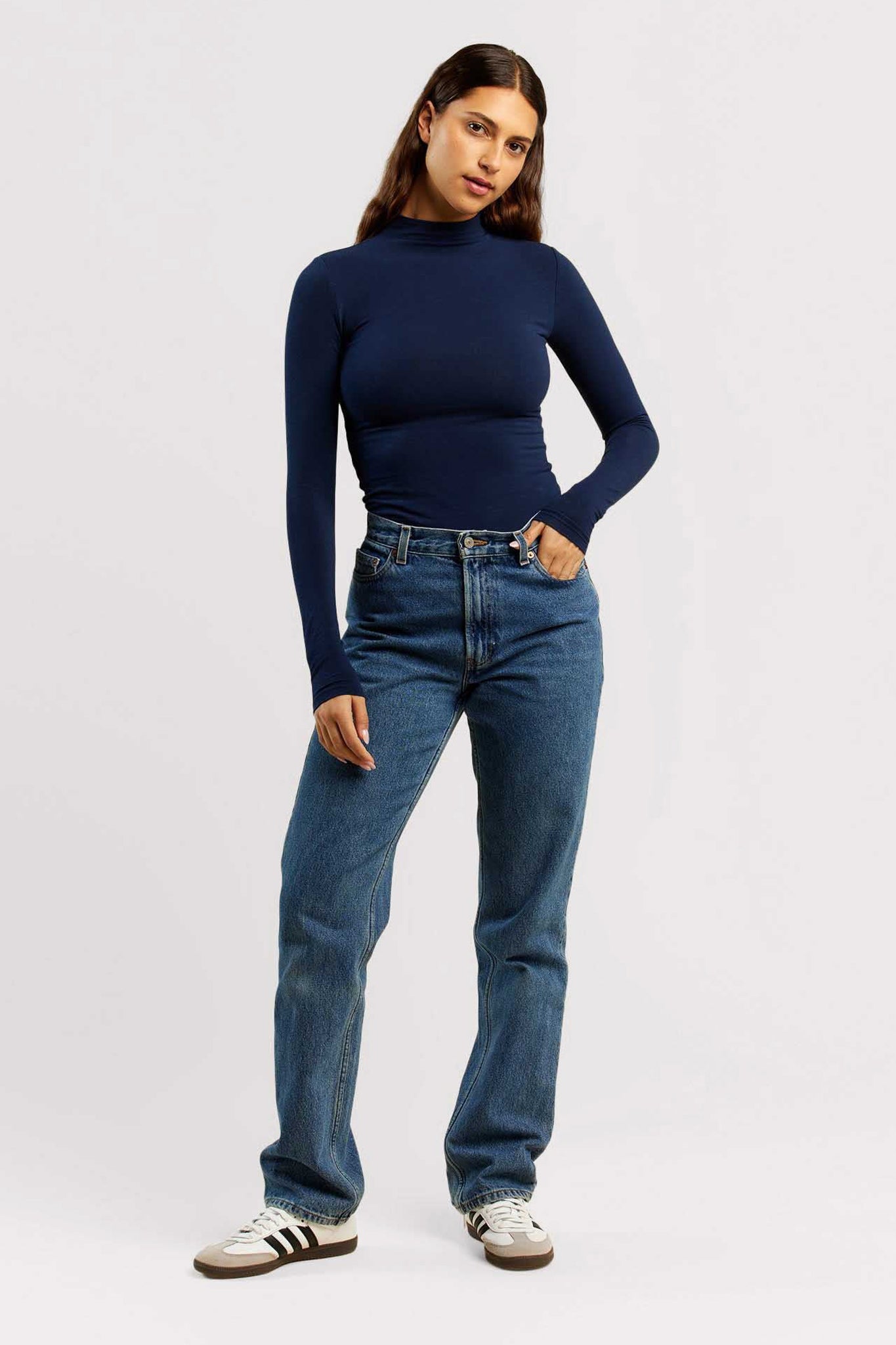 Cotton Stretch Long Sleeve Mock Neck Shirt