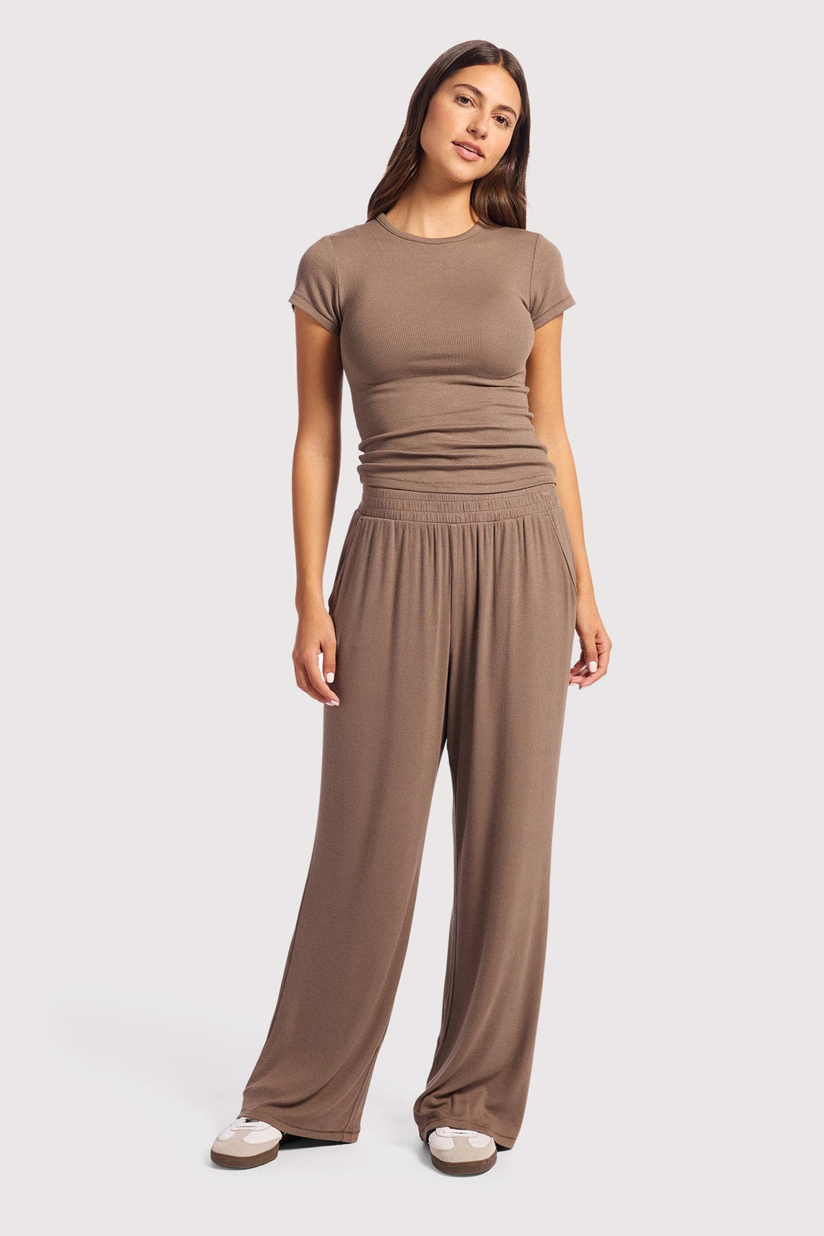 Color:Mocha | nuuds slinky rib lounge pant women wide leg casual pants
