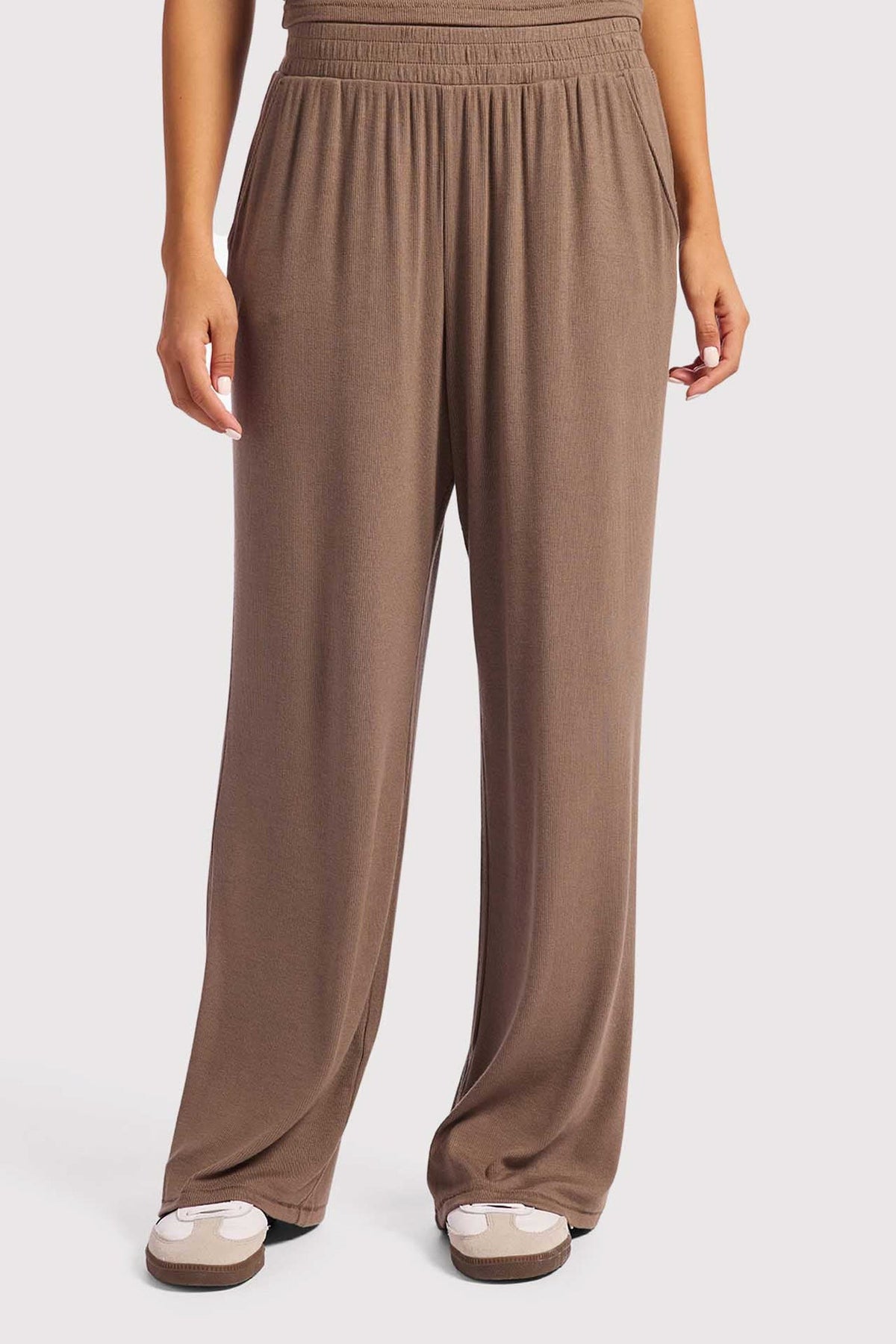 Color:Mocha | nuuds slinky rib lounge pant women wide leg casual pants