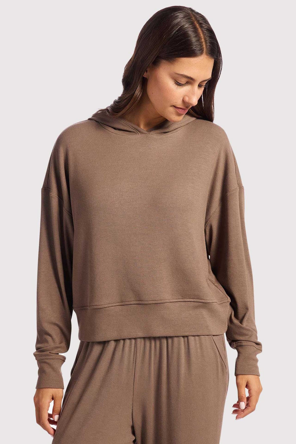Color:Mocha | nuuds slinky rib hoodie – cozy oversized hoodie women’s long sleeve ribbed top