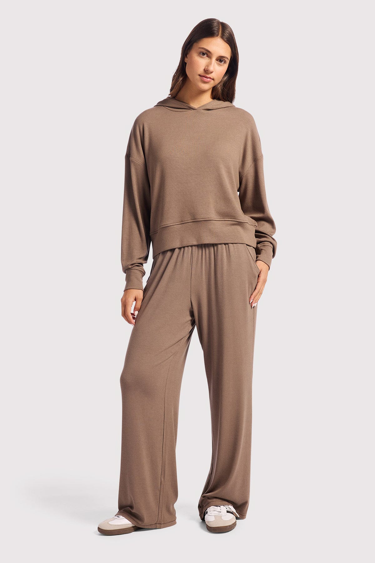 Color:Mocha | nuuds slinky rib hoodie – cozy oversized hoodie women’s long sleeve ribbed top
