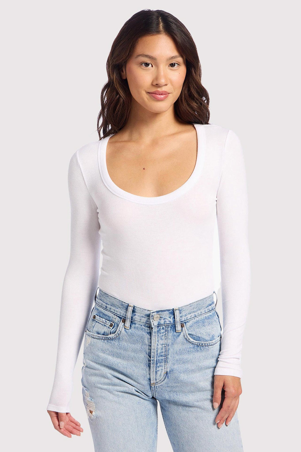 Color:White | Slinky Rib Long Sleeve Bodysuit