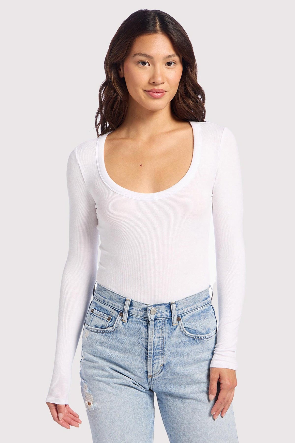Color:White | Slinky Rib Long Sleeve Bodysuit