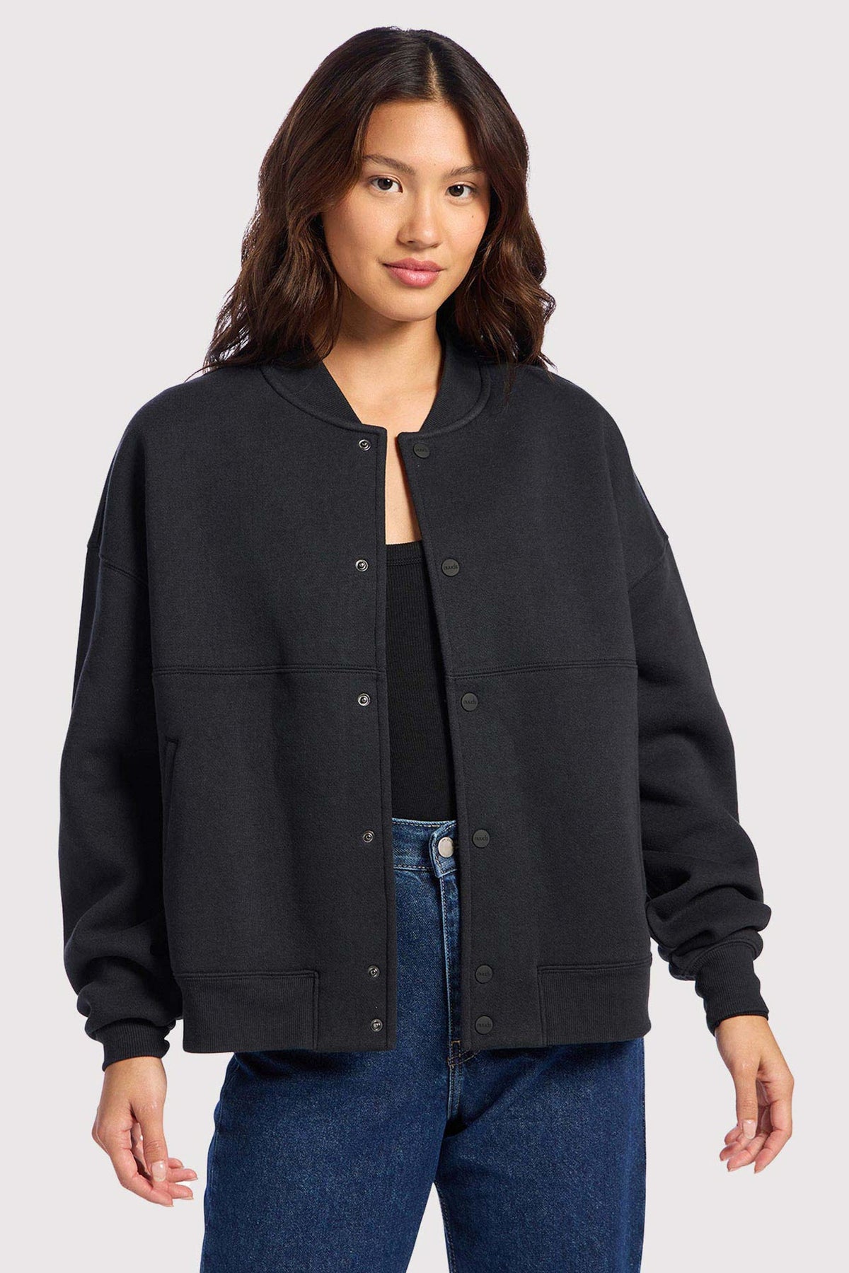 Color:Black | nuuds alumni jacket – women’s button jacket cozy fleece jacket