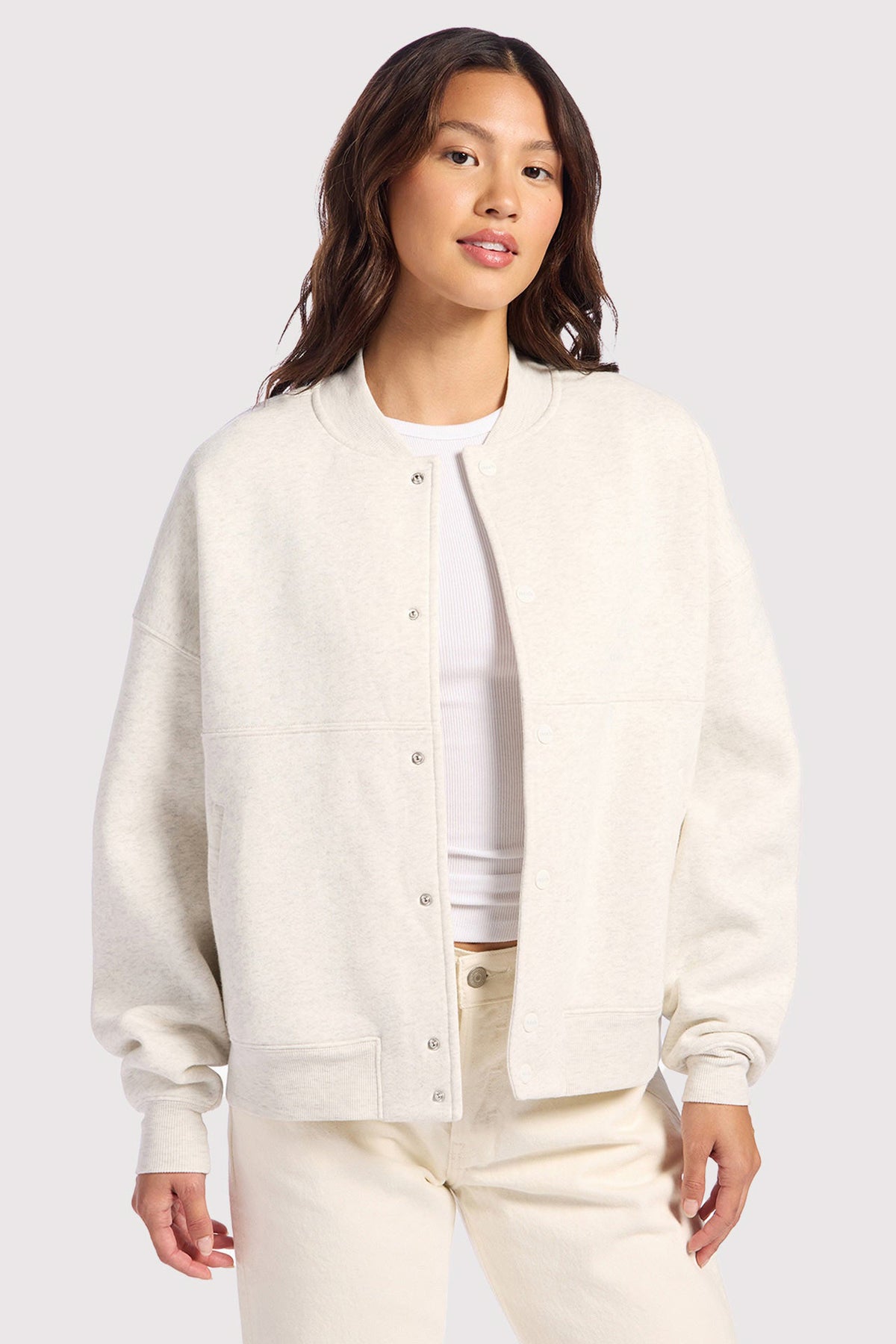 Color:Light Heather Grey | nuuds alumni jacket – women’s button jacket cozy fleece jacket