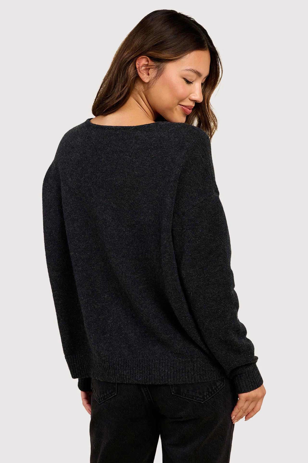 Color:Black | nuuds cozy knit v-neck sweater – women’s long sleeve top soft knit relaxed fit