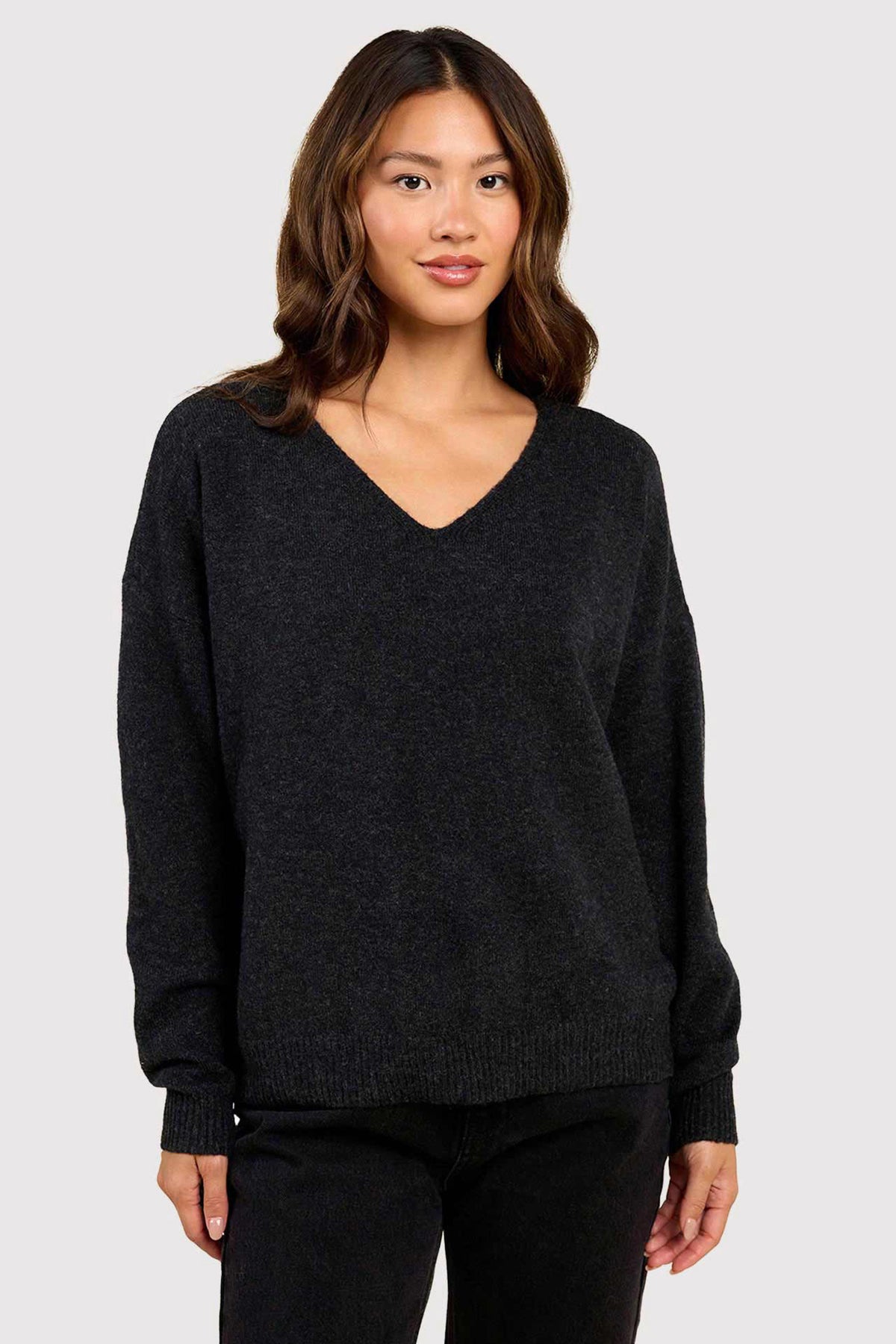 Color:Black | nuuds cozy knit v-neck sweater – women’s long sleeve top soft knit relaxed fit