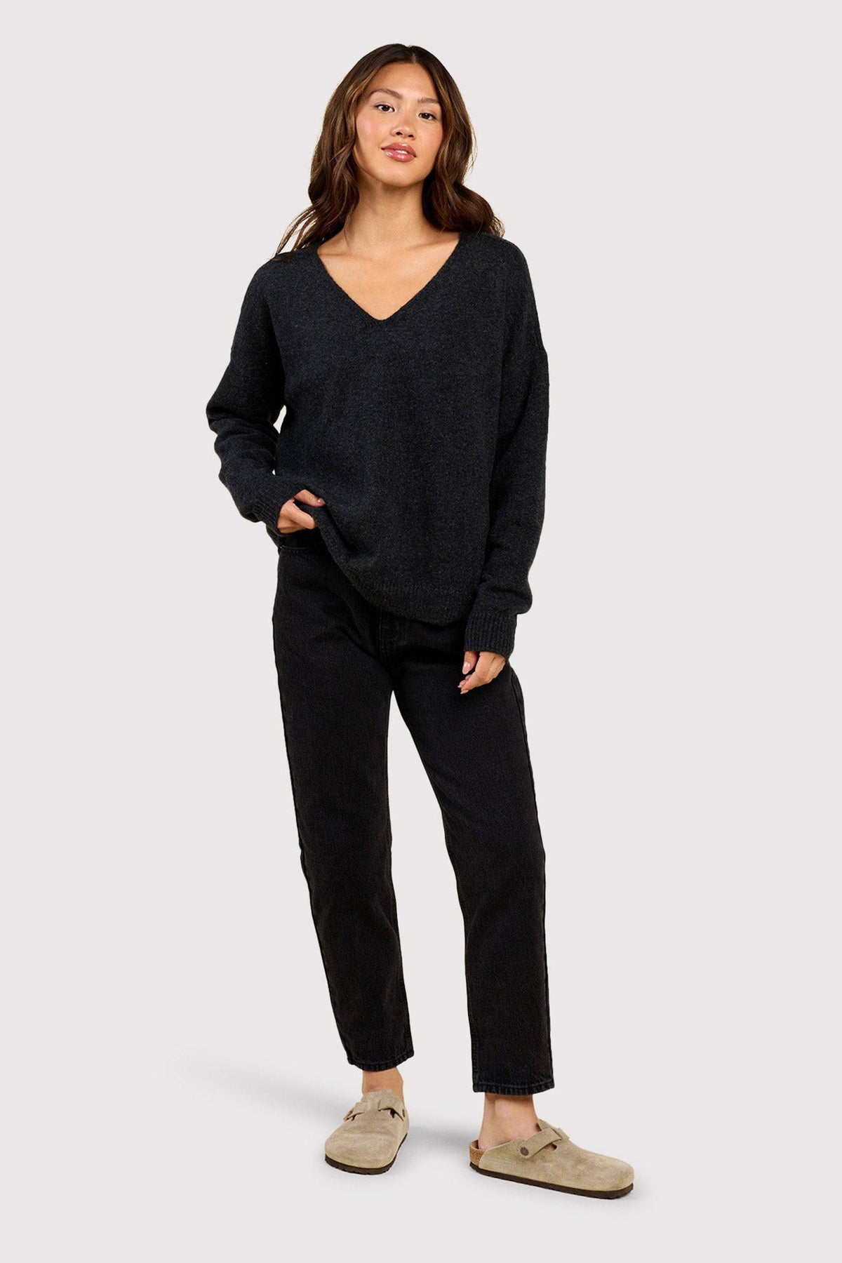 Color:Black | nuuds cozy knit v-neck sweater – women’s long sleeve top soft knit relaxed fit