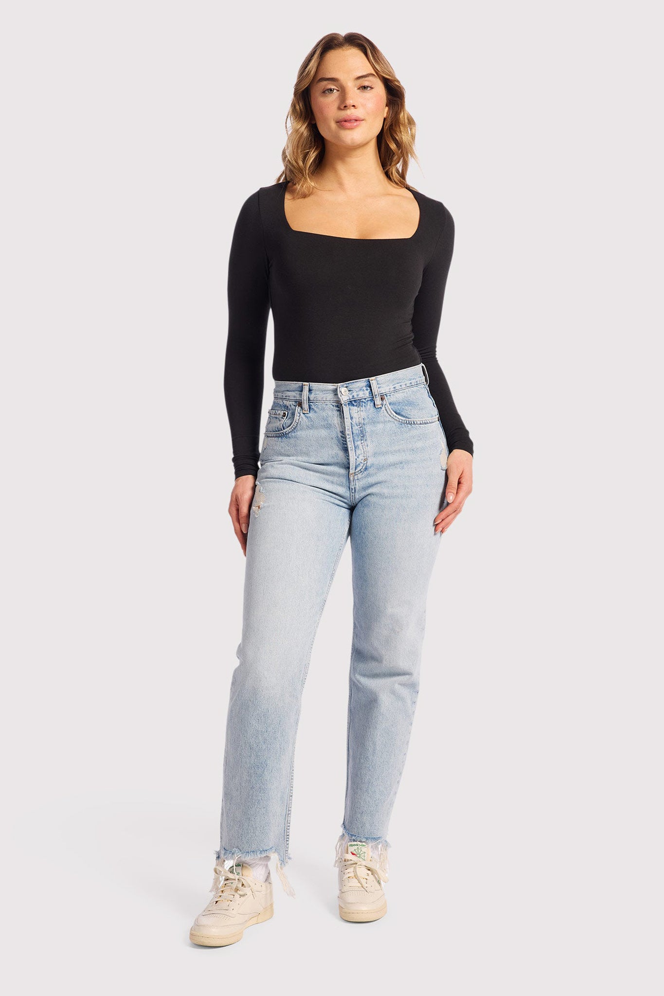 Cotton Stretch Long Sleeve Square Neck Bodysuit