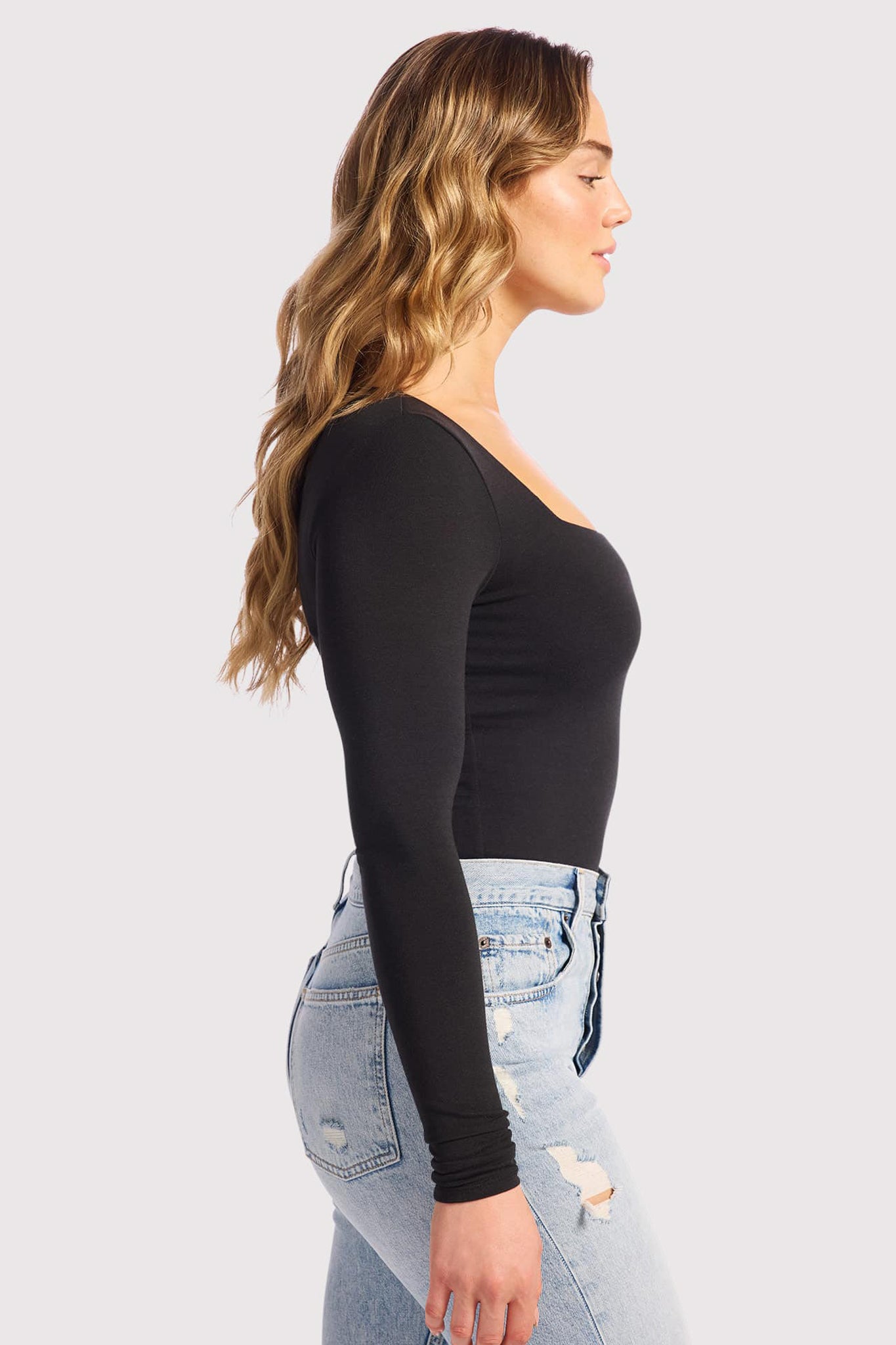 Cotton Stretch Long Sleeve Square Neck Bodysuit