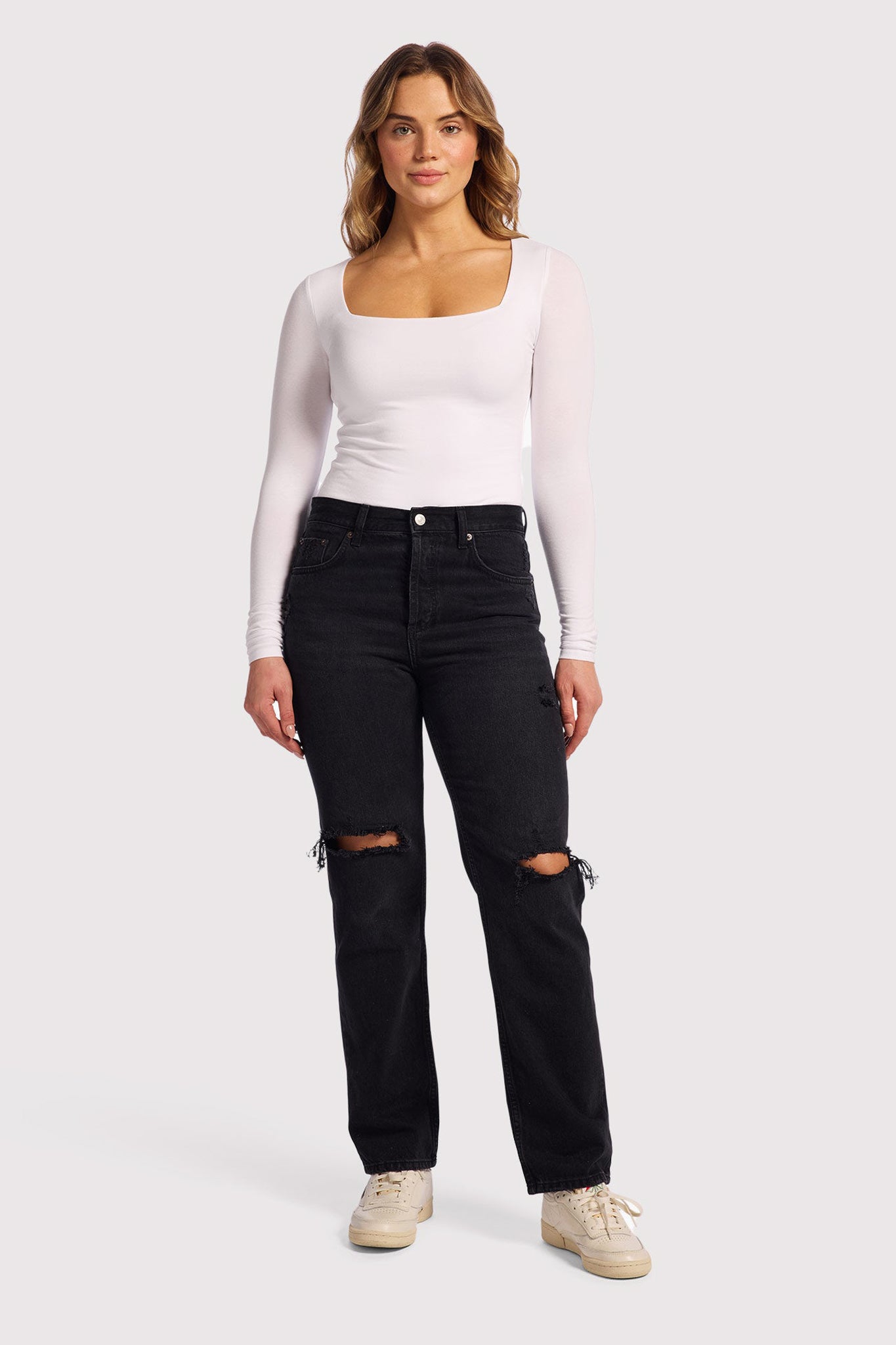 Cotton Stretch Long Sleeve Square Neck Bodysuit