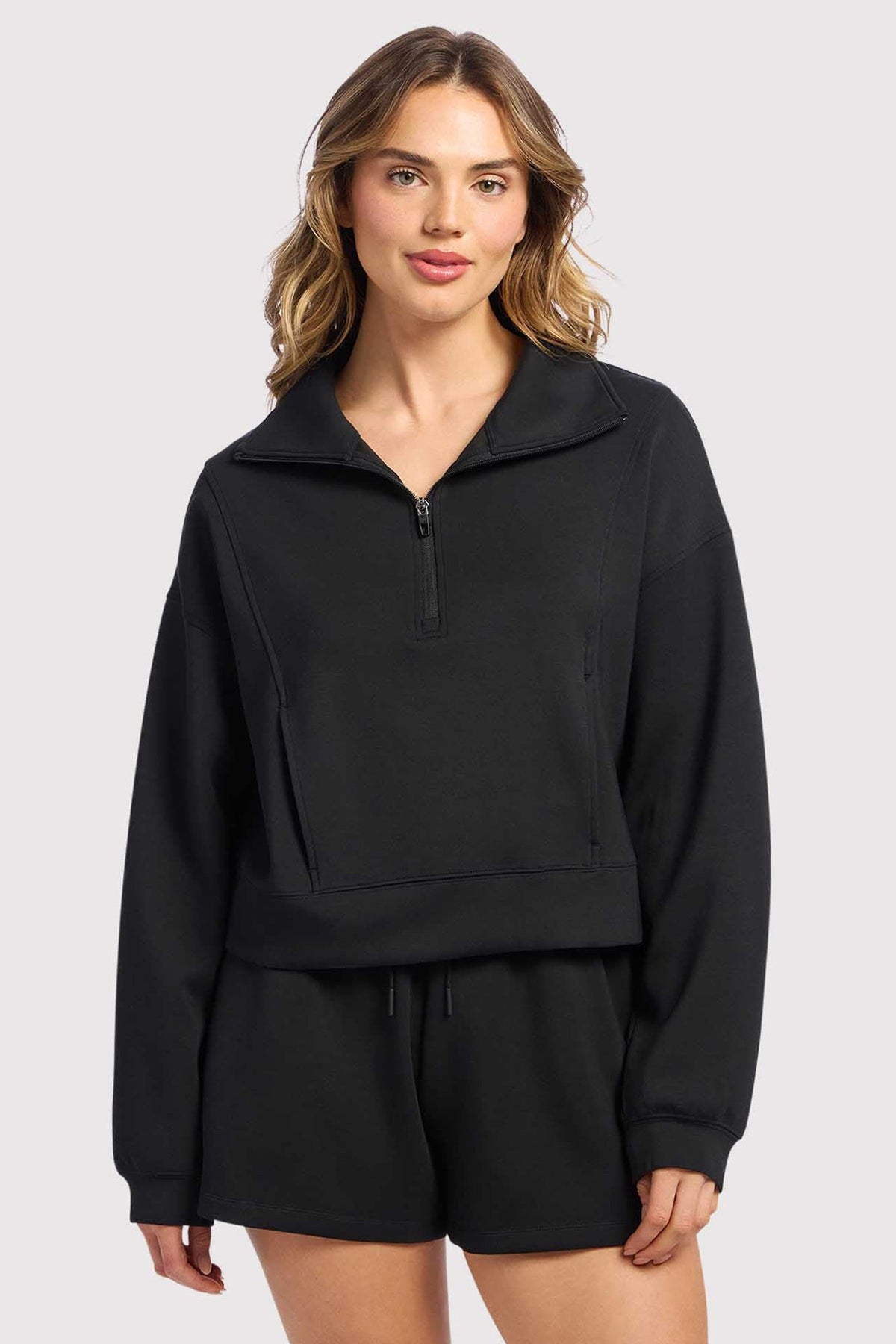 Color:Black | nuuds soft motion quarter zip – women’s quarter zip sweatshirt relaxed fit pullover