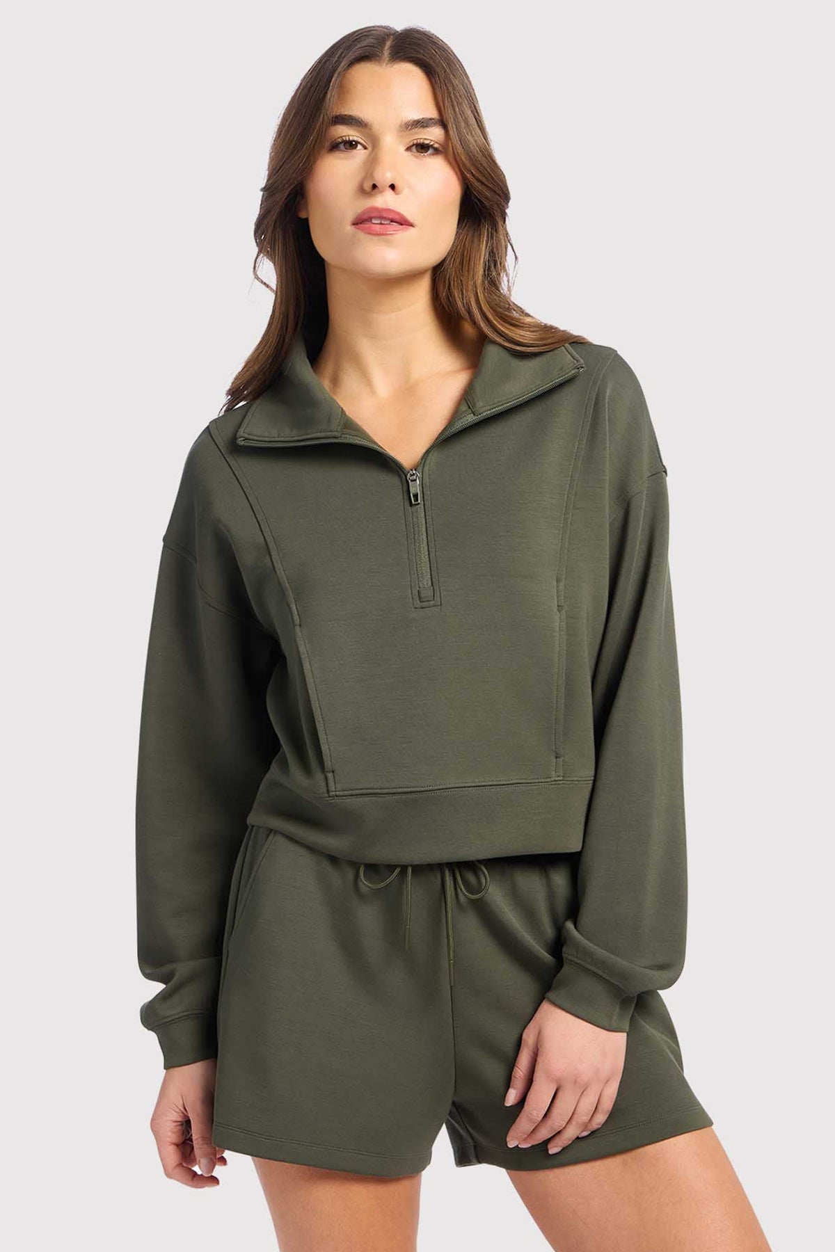 Color:Darkest Olive | nuuds soft motion quarter zip – women’s quarter zip sweatshirt relaxed fit pullover