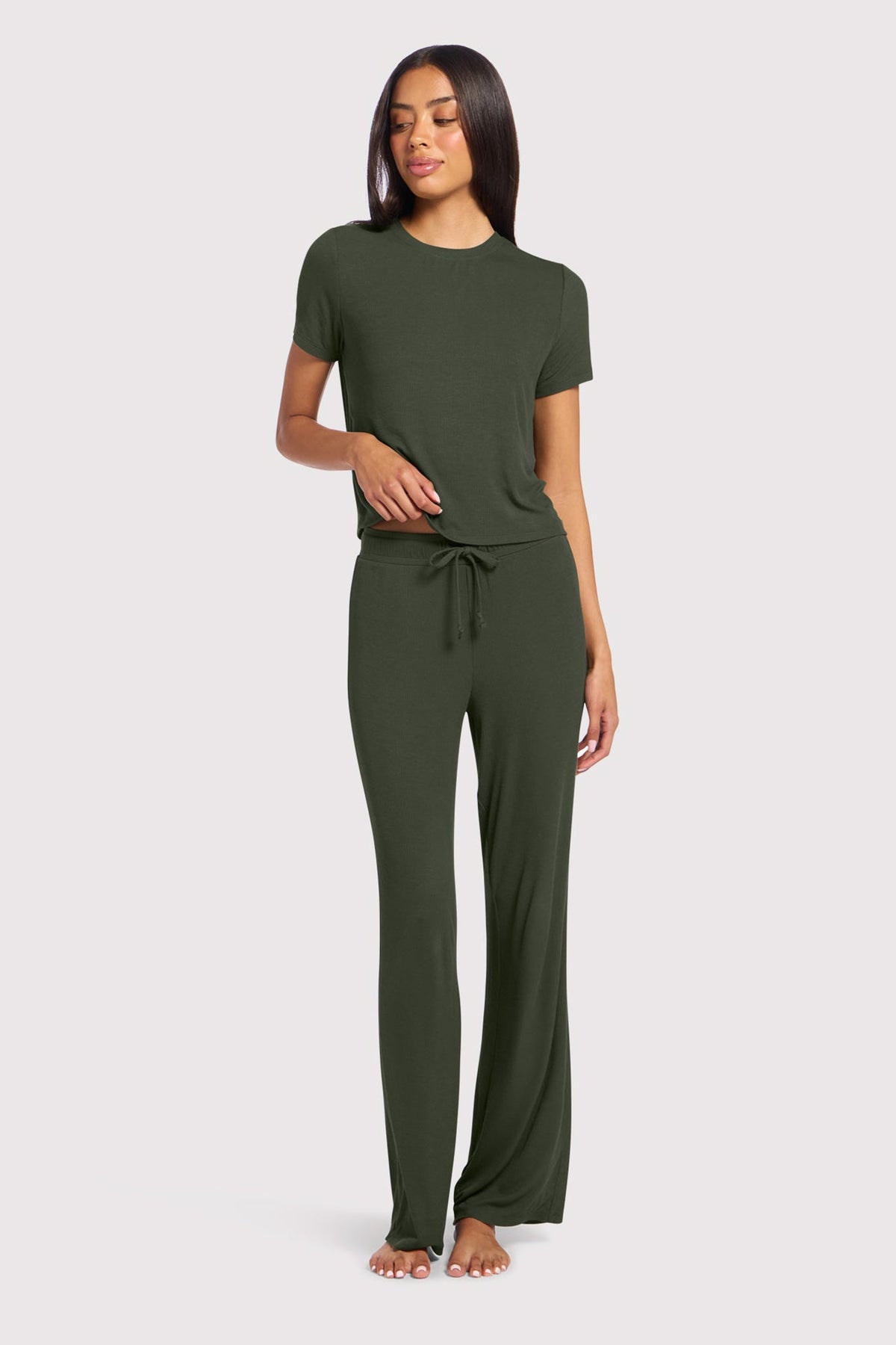 Color:Darkest Olive | Ribbed Pajama Set