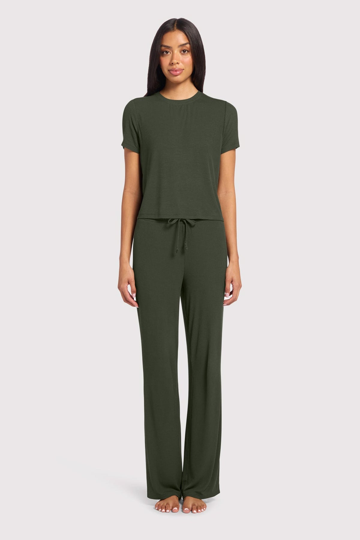 Color:Darkest Olive | Ribbed Pajama Set