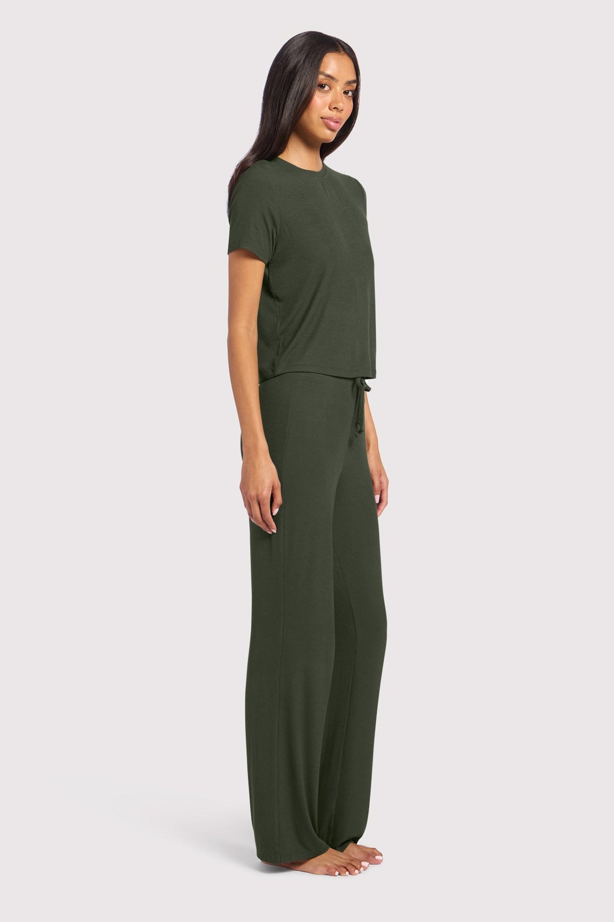 Color:Darkest Olive | Ribbed Pajama Set