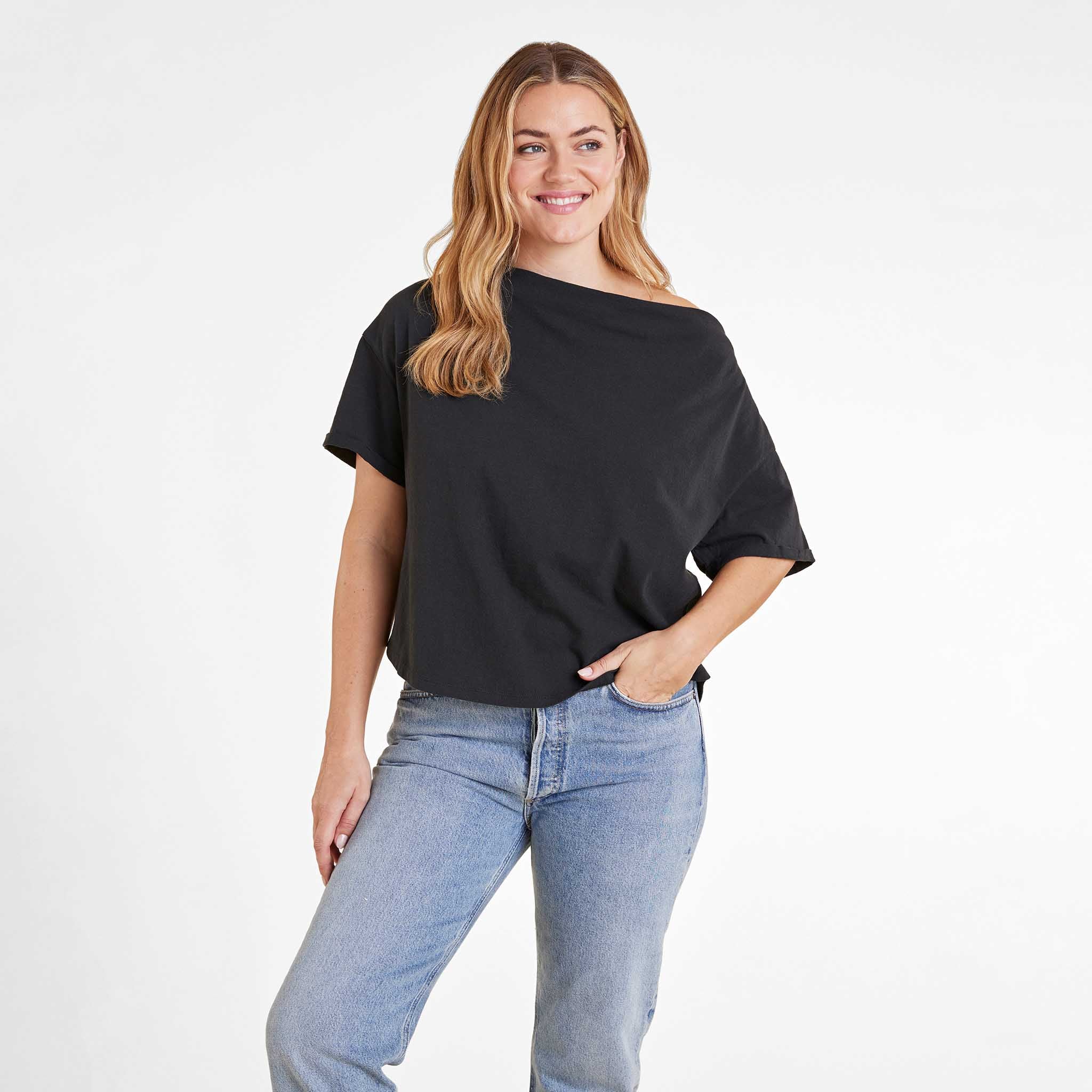 Vintage Cotton Off The Shoulder T Shirt Black