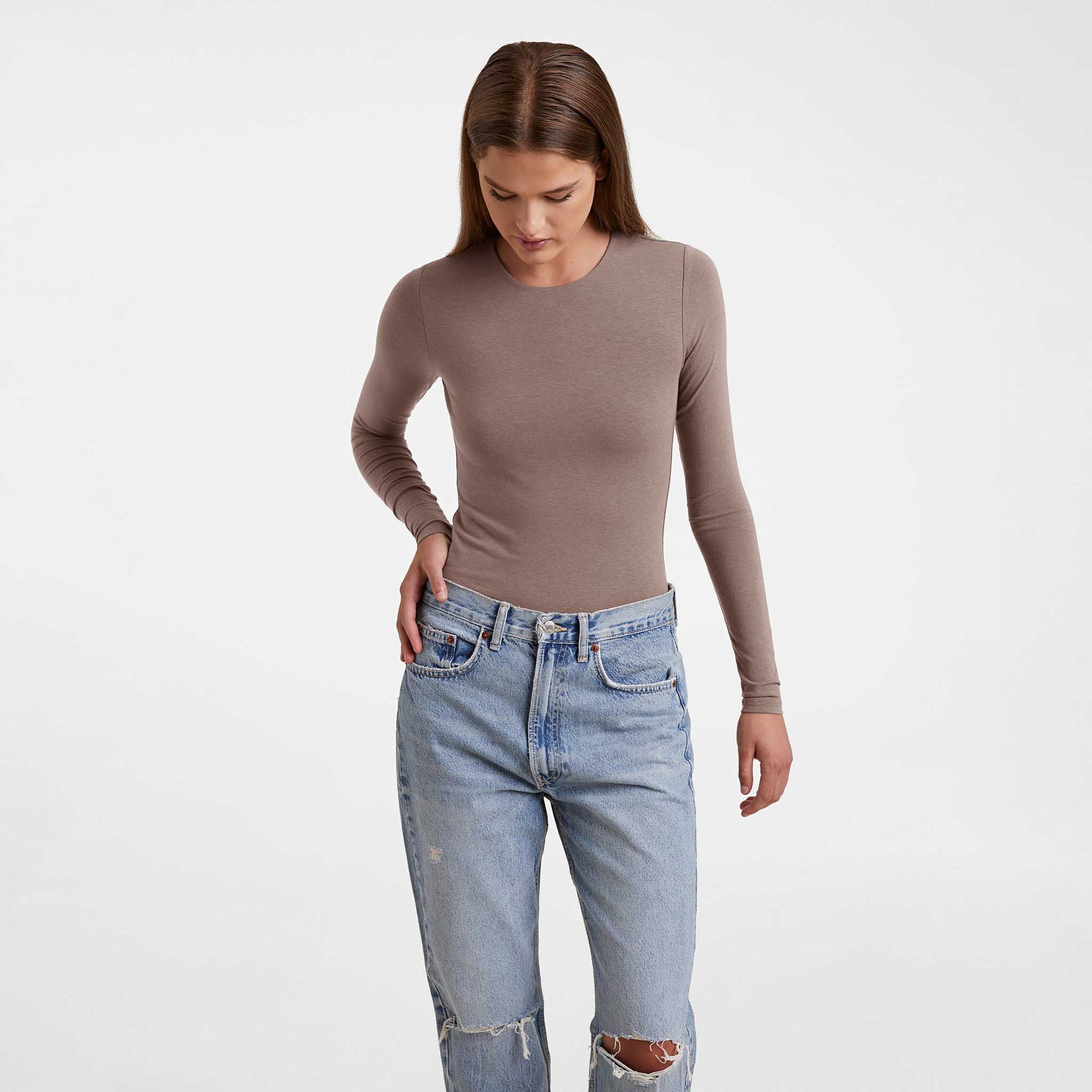 Cotton Stretch Long Sleeve Crewneck Bodysuit