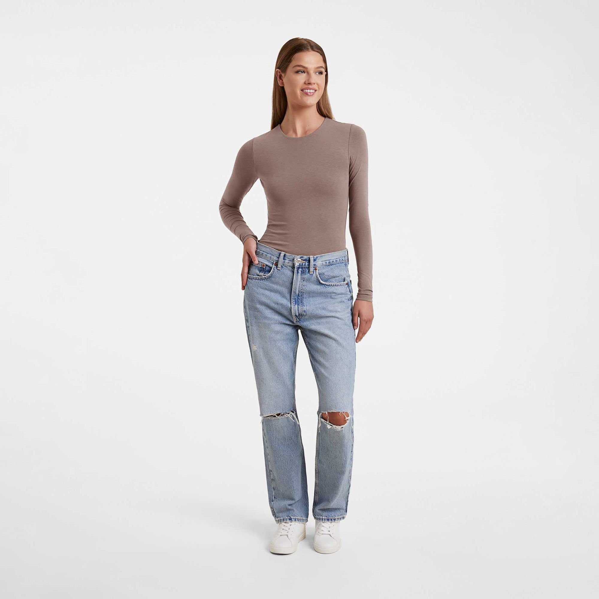 Cotton Stretch Long Sleeve Crewneck Bodysuit