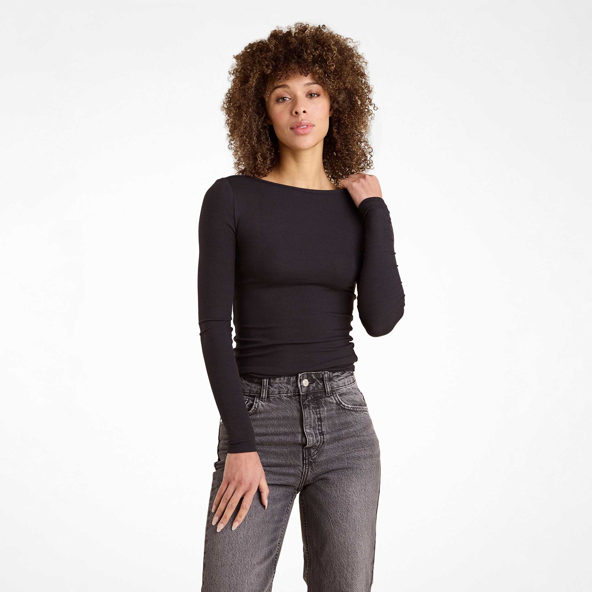 Slinky Rib Long Sleeve Open Back Shirt
